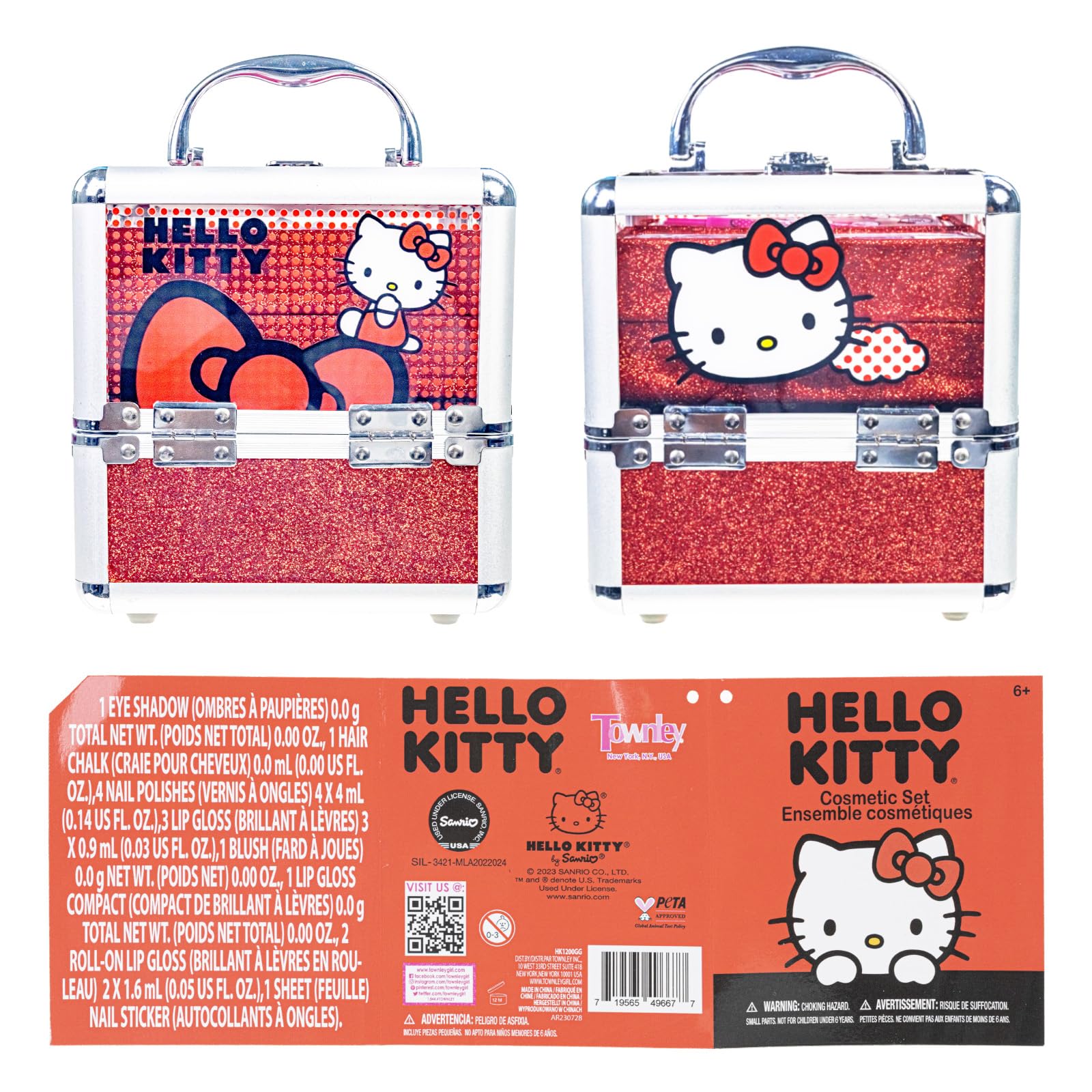 Hello Kitty - Juego de maquillaje cosmético  Train Case incluye brillo de labios, brillo de ojos, esmalte de uñas, accesorios para el cabello y mucho más. Para niñas, a partir de 6 años, 9