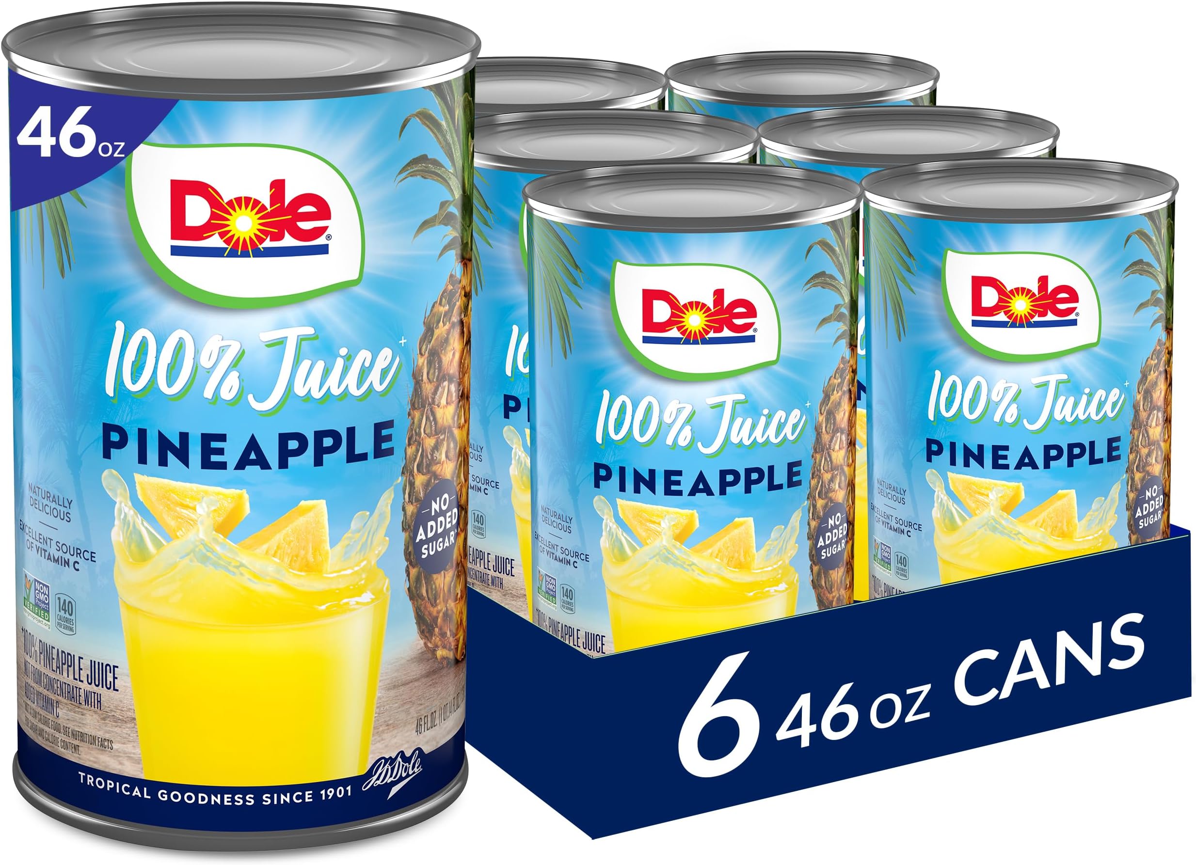 Dole 100% Pineapple Juice - Dole Canned Juice - No Sugar Added - 46 fl oz Cans - 6 Pack