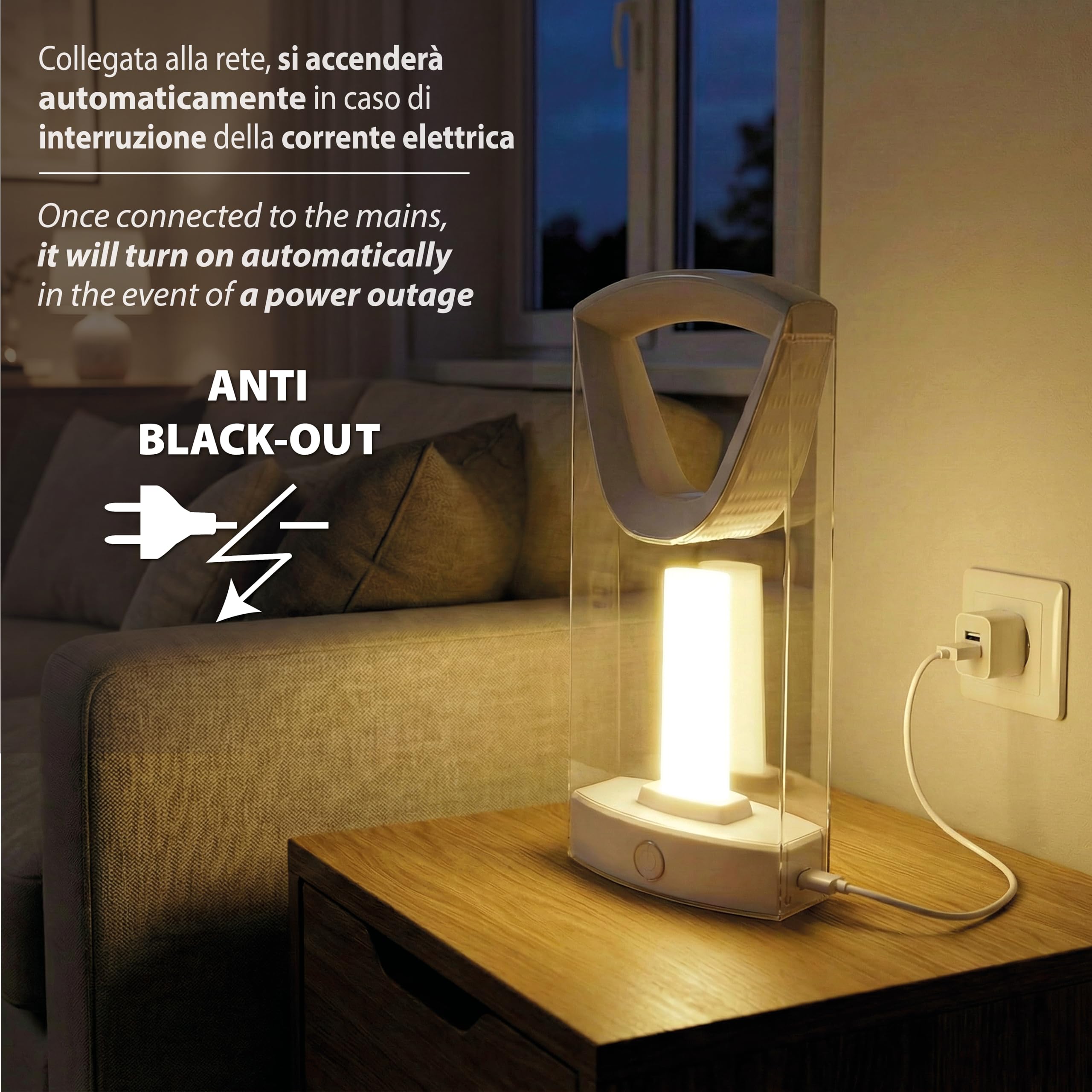 Velamp Lampada di Emergenza Portatile Ricaricabile 400 lumen, Lampada LED con funzione anti-blackout, Luce naturale 4000K - Dimmerabile - Con cavo USB, Sicura, Leggera e Compatta