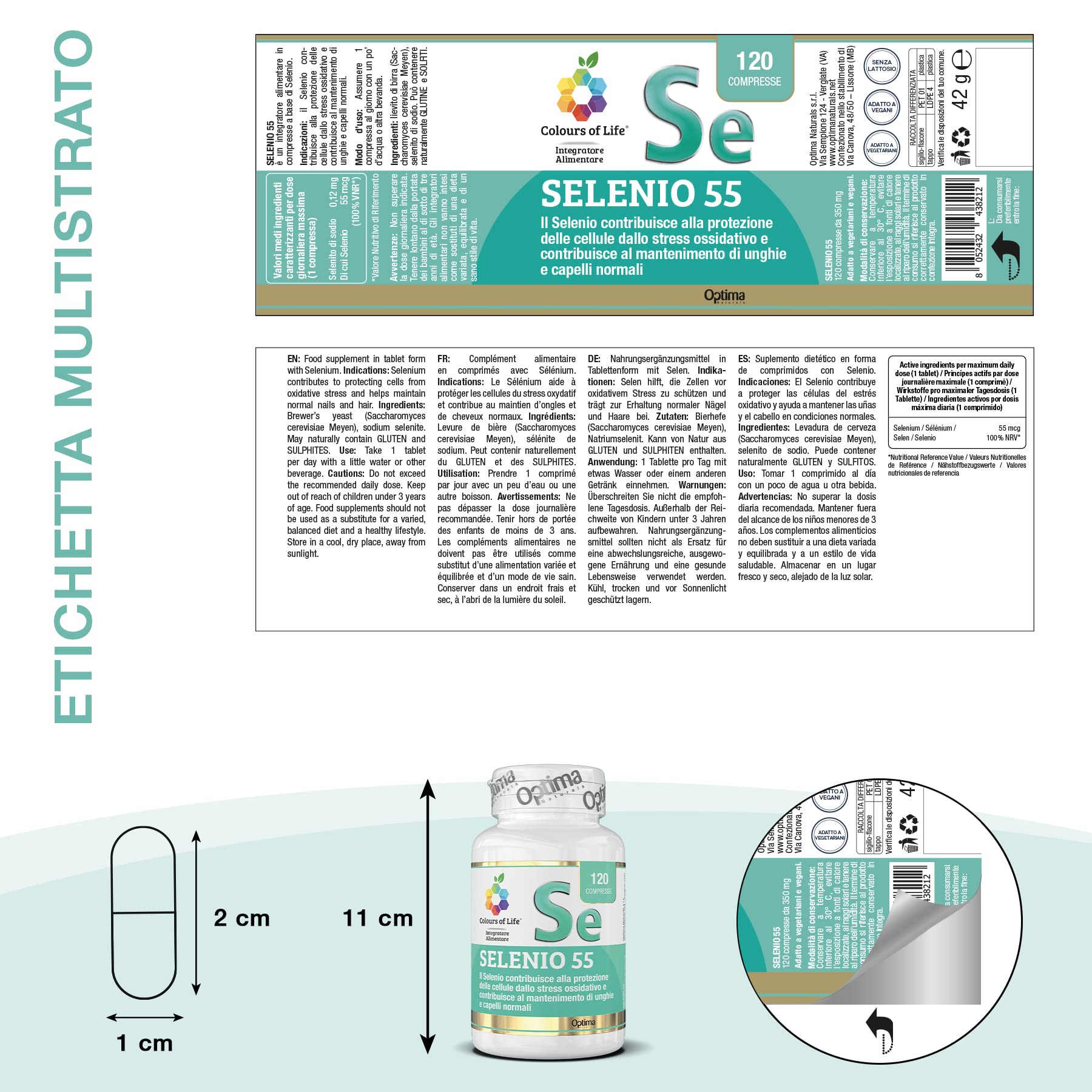 Colours of Life Selenio 55 - Integratore di Selenio - Antiossidante - Mantenimento di unghie e capelli normali - Vegano, 120 compresse