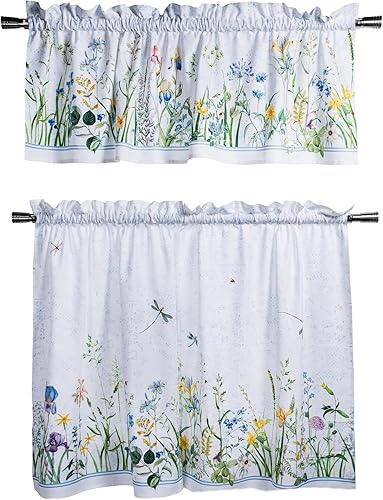 Maison d' Hermine Juego de cortinas de cocina para ventanas 100% algodón Juego de cenefas de cocina para el hogar [2 niveles (71 cm x 91 cm) y 1