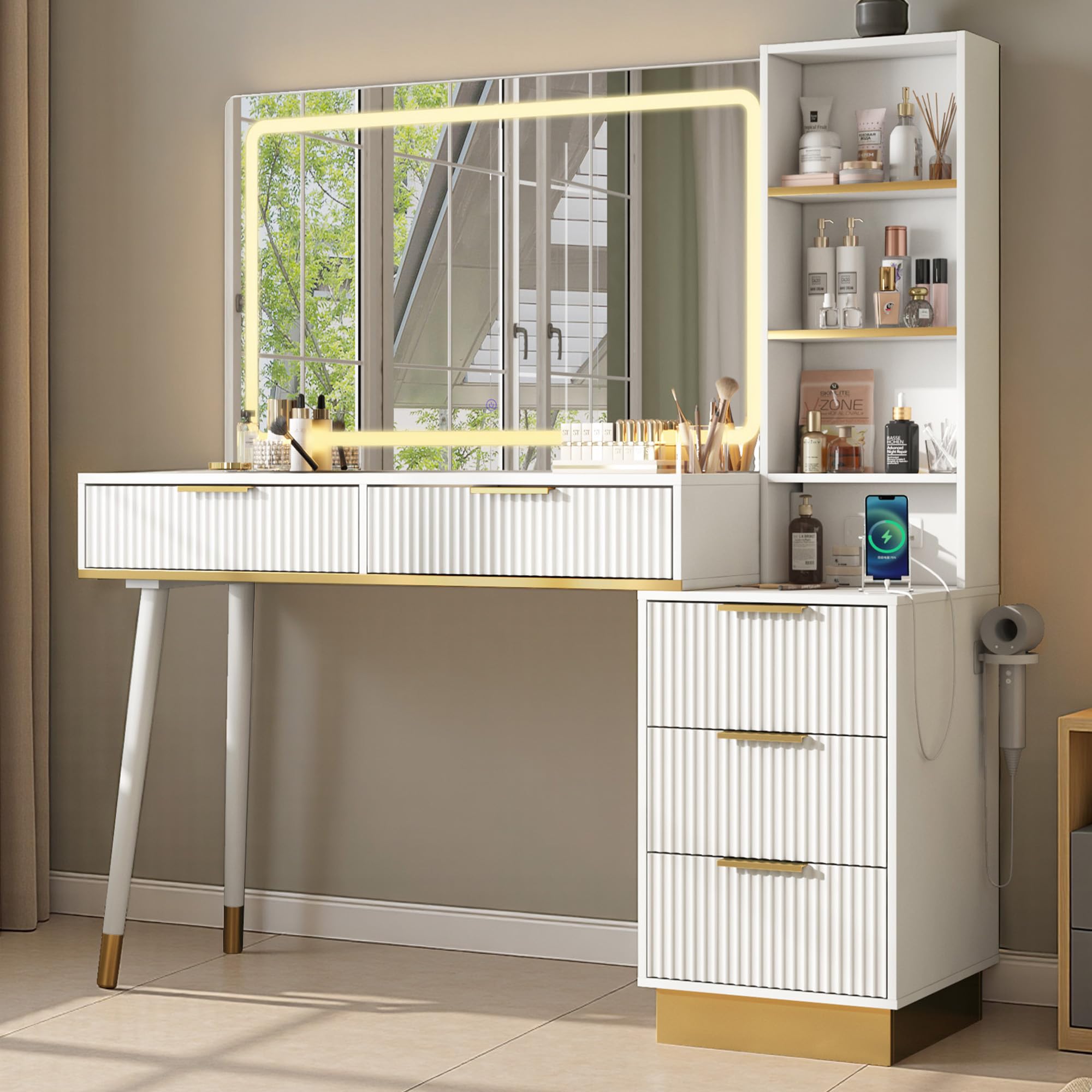 LUXOAK Großer Schminktisch mit LED-Spiegel und USB-Anschluss, 5 Schubladen, Glasplatte, Breites Design 122×40×137 cm, Stabil & Pflegeleicht, Ideal für Schlafzimmer