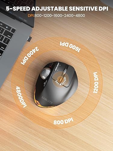 Miniatura 5 de SABLUTE Ratón de Trackball inalámbrico, ergonómico Bluetooth recargable para computadora, mouse retroiluminado para computadora portátil con 5