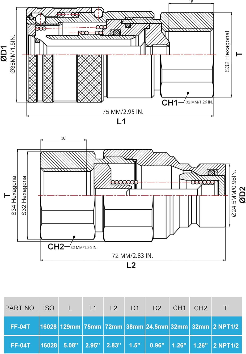 Nickel Plated Hydraulic Quick Connect Couplers with Dust Caps, 3/8" NPT Thread