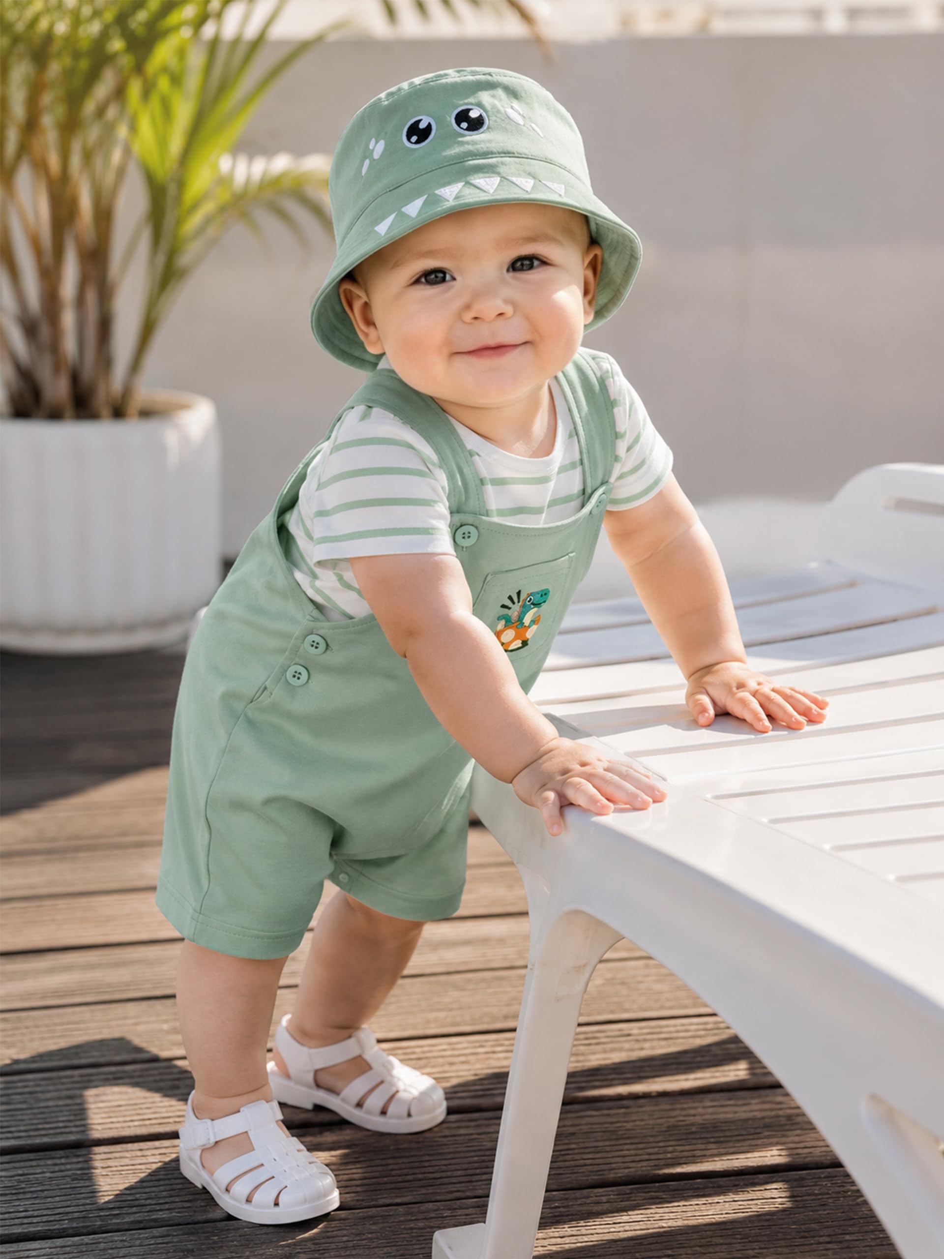 Volunboy Completi Estivi Bambino, Unisex Set di 3 Maglietta a Maniche Corte e Salopette Dinosauro con Cappelli Carino Abito Neonato Tuta
