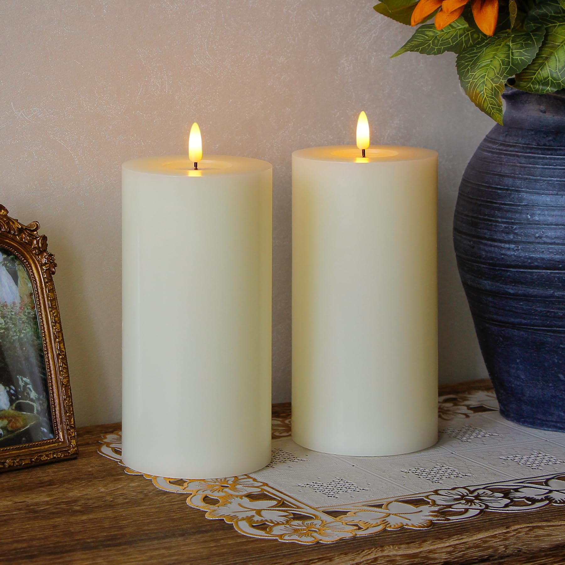 Velas LED parpadeantes sin llama 10cm x 20cm cera real marfil mando a distancia aceite de cera pack de 2 temporizador pilas pilar falso luz cálida decoración hogar banquete ceremonia