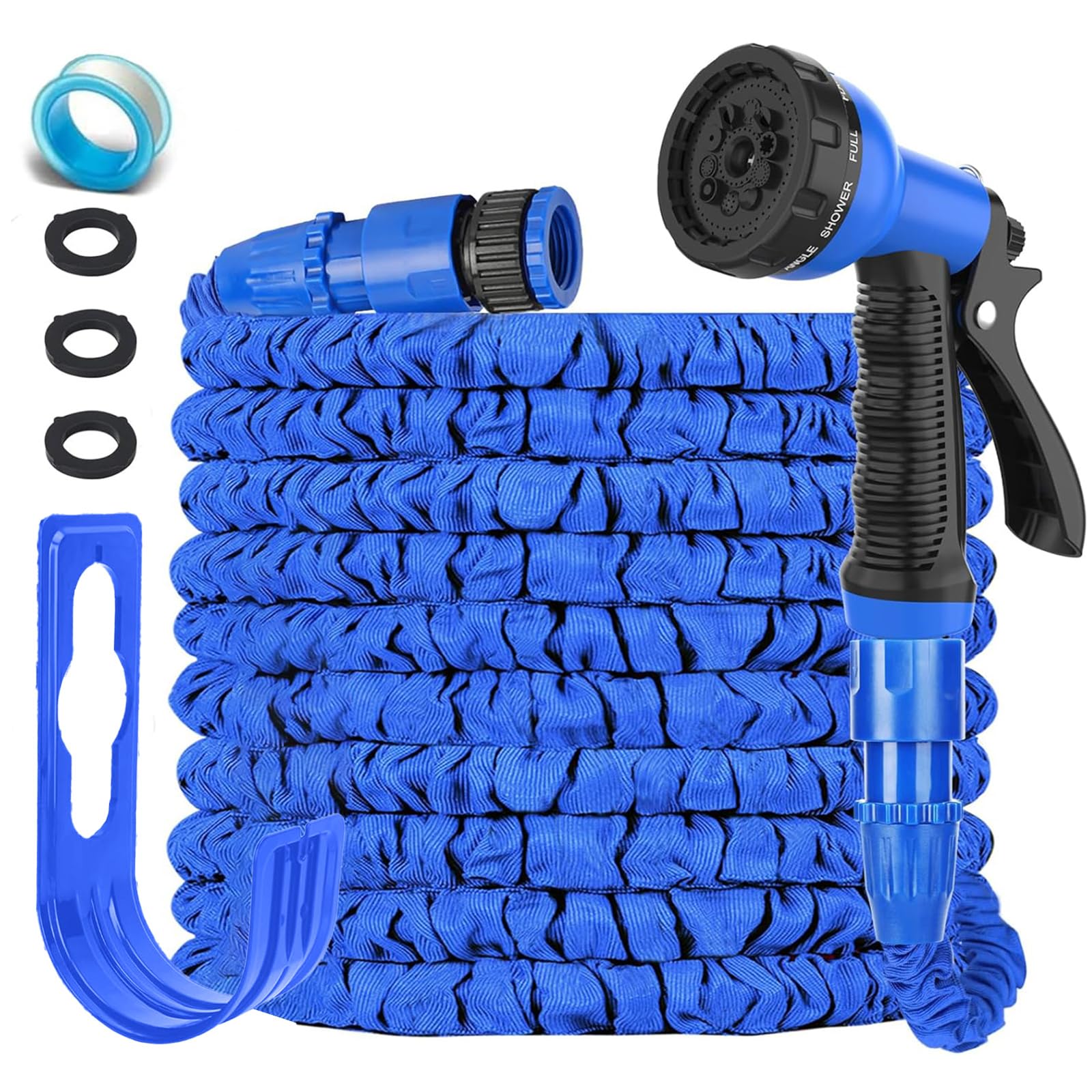 Fascinatdeco Blue Expandable Garden Hose - 50Ft Flexible Hose Pipe With 8-Pattern Spray Nozzle & 1/2" And 3/4" Fittings - 3-Layer Latex Kink Free Design Wall Mounted Retractable Water Hose