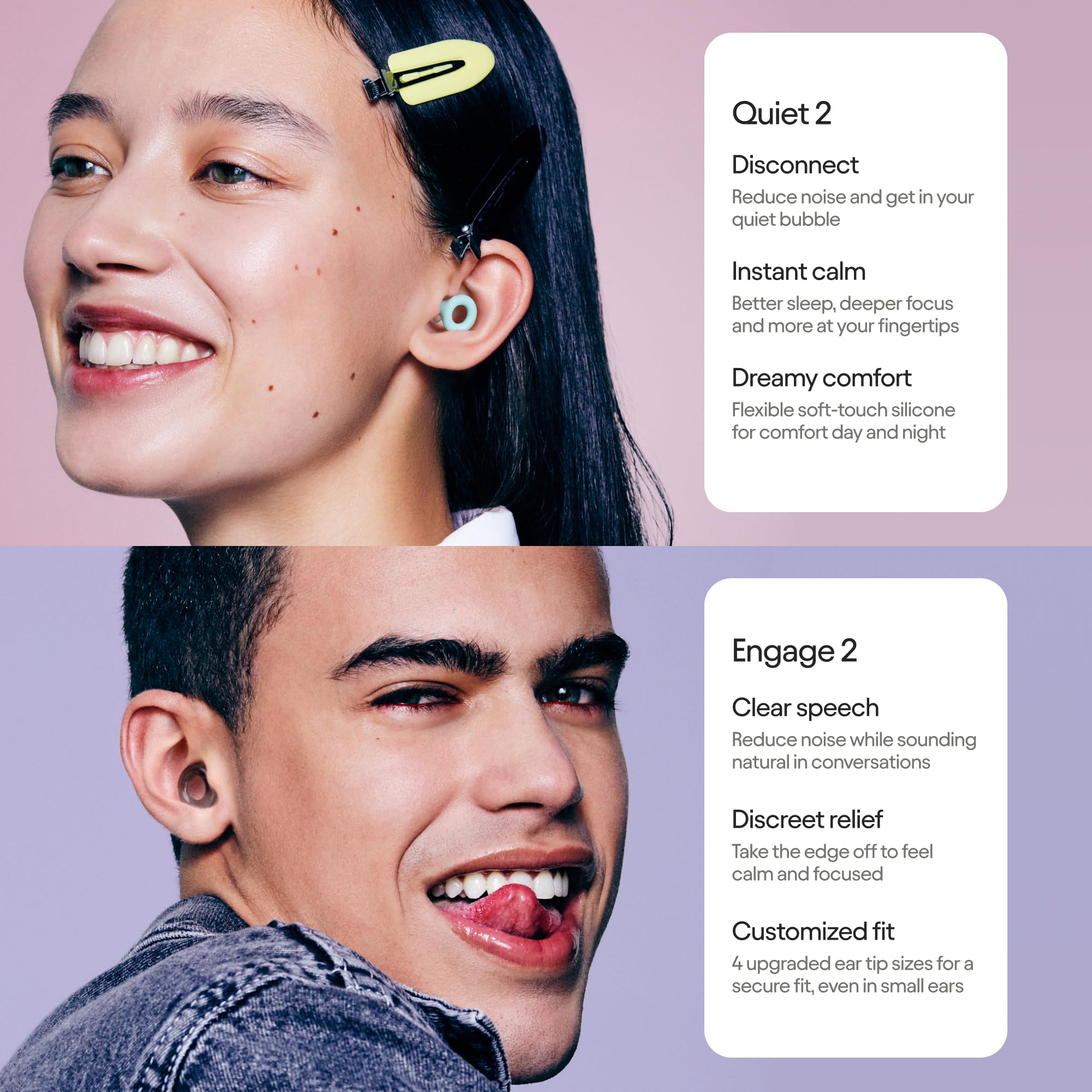 Loop Earplugs, coffret Au Quotidien (lot de deux) – Quiet 2 + Engage 2 | Bouchons d’oreille réutilisables pour le sommeil, la concentration, la sensibilité au bruit