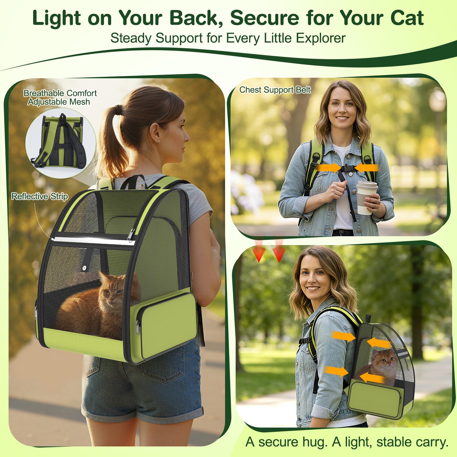 Sac à dos de transport pour chat pour voyage et randonnée : extensible, pliable, respirant, maille douce, design ergonomique pour petit chien, chiot et chaton jusqu'à 6,8 kg, vert