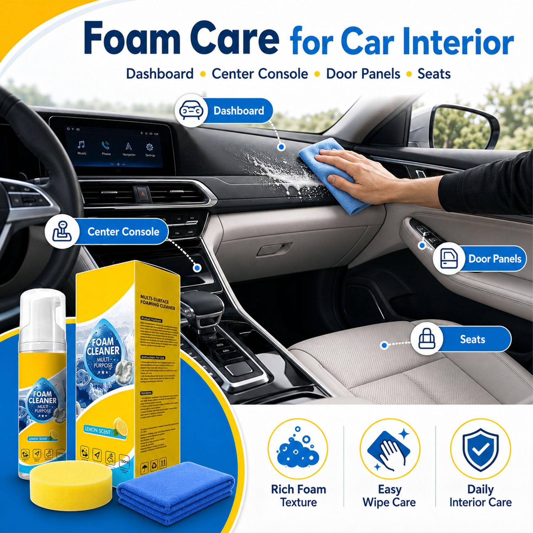Jeeeun Foam Cleaner all Purpose, Deep Cleaning Foam Cleaner for Car Interior, Dashboard, Seats, Kitchen, Bathroom Tile And Home Surfaces (3pcs)