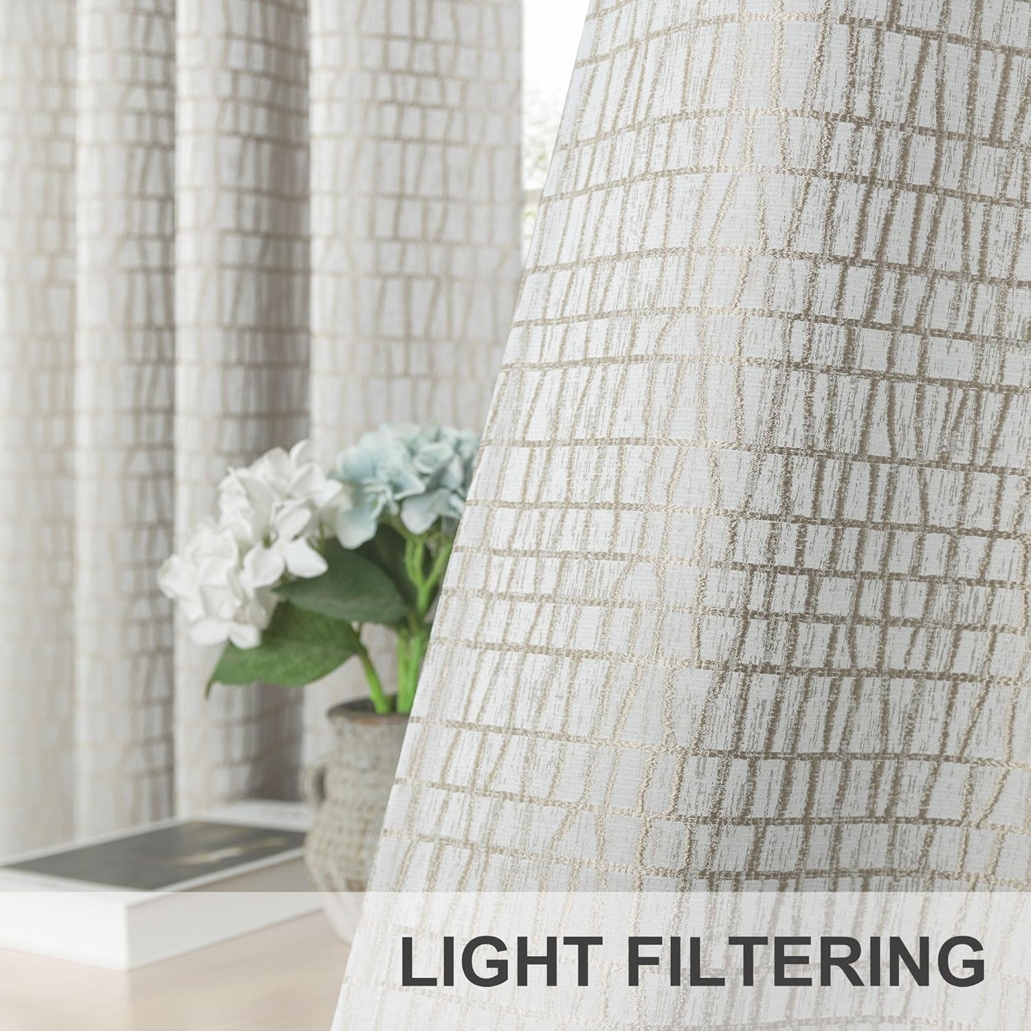 Taupe Geometric Curtains 84 Inches Long for Living Room 2 Panels Grommet 50% Blackout Window Striped Pattern Design Silk Textured Neutral Contemporary Curtains for Bedroom Greyish Beige White 52x84