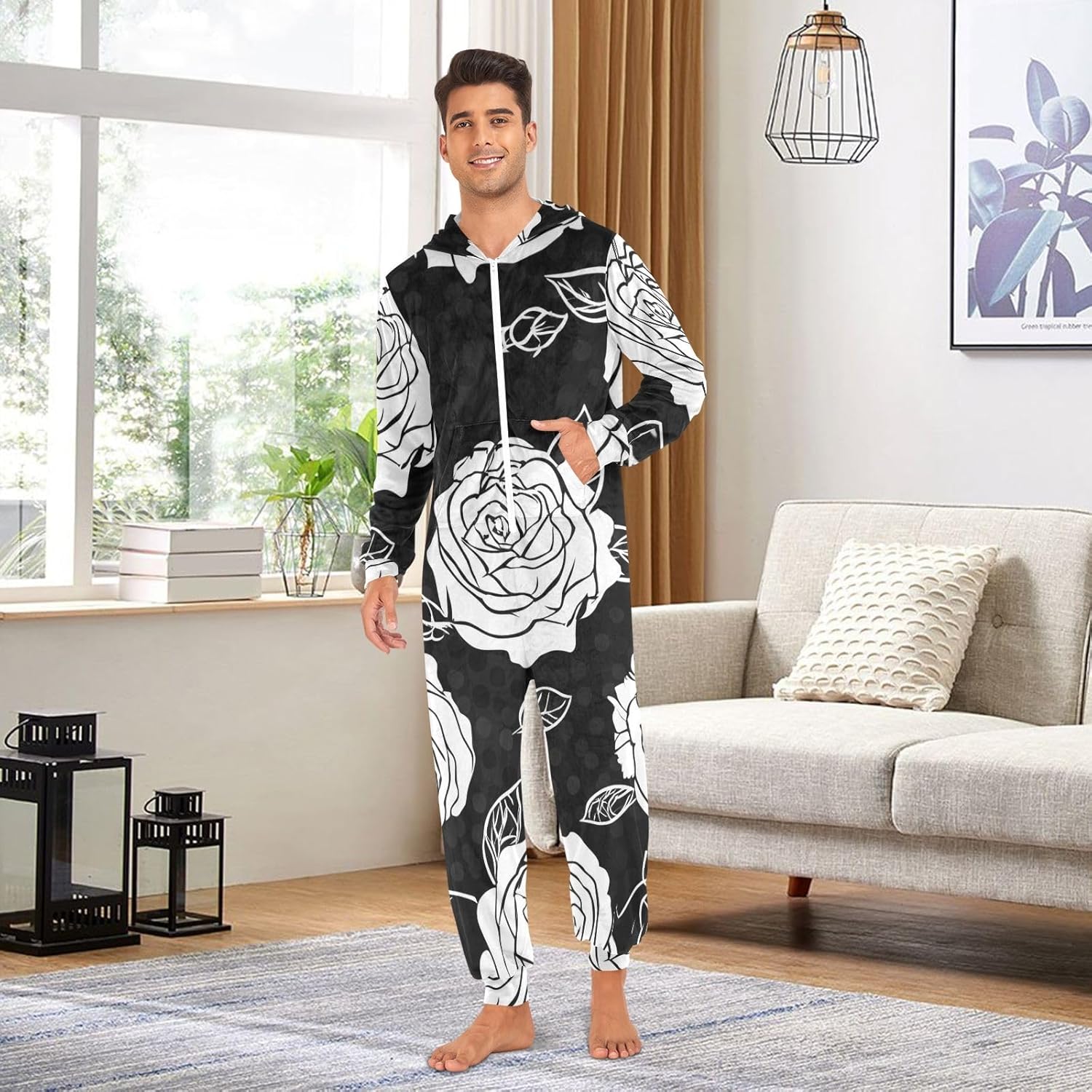 White Rose Black Adult Onesie Pajamas, Hooded One Piece Loungewear with Zipper for Men Women Christmas Sleepwear