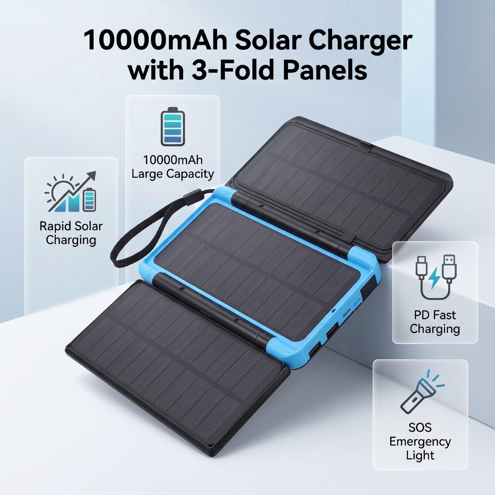 Power Bank Portatile 10000mAh, Caricabatterie Solare per Uso | Pannelli solari pieghevoli, display LED, ricarica rapida PD, USB C, torcia per , esterno, campeggio, emergenza