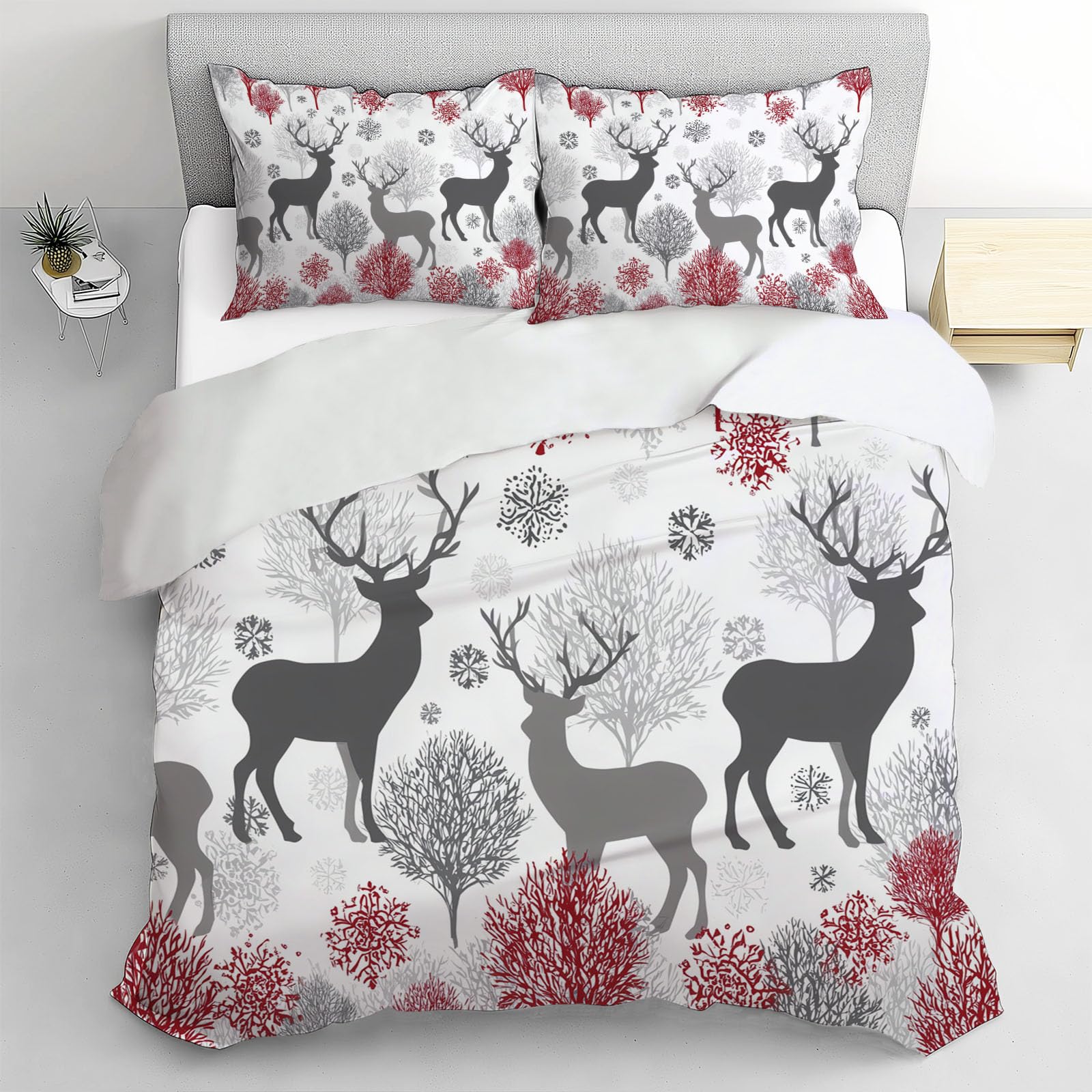 Linge de lit parure housse couette 2 personnes 220x240 microfibre cerf rouge