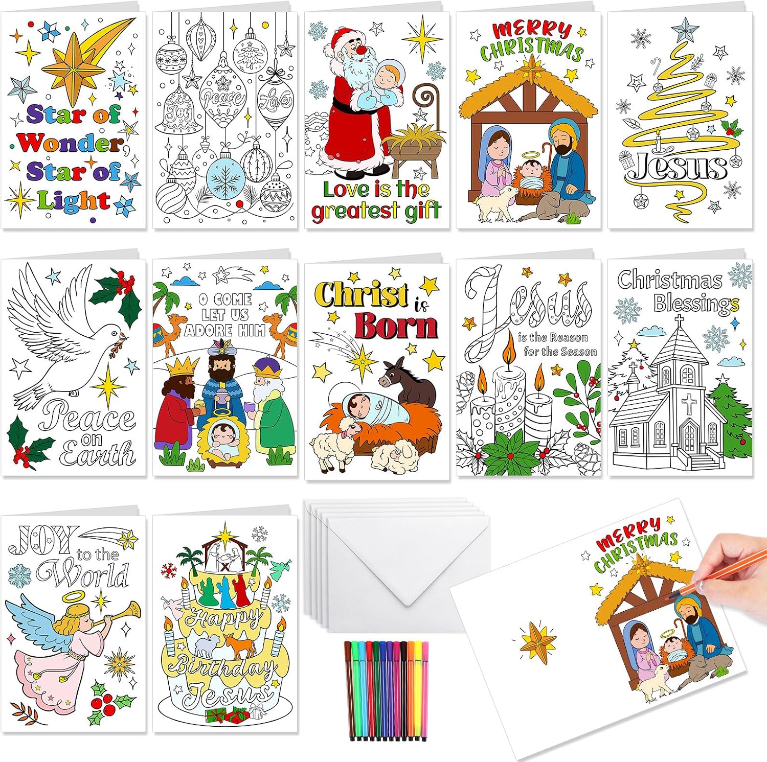 HOWAF 12pcs Christmas Nativity Coloring Cards with Paint Pens, Religious Christmas Coloring Cards for Christian Xmas Holiday Crafts, Color Your Own Nativity Scene Greeting Cards for Sunday Activities