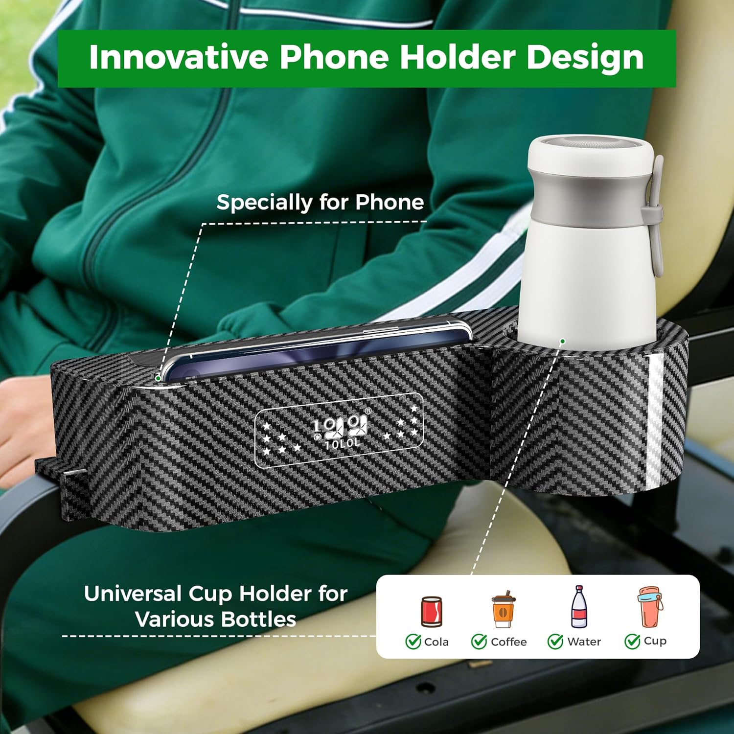 10L0L All-in-One Golf Cart Armrest with Cup Holder, No-Drill Installation for Yamaha Club Car EZGO, ABS Material, Built-in Phone Holder & Golf Tee Holder & Golf Ball Storage - (Fits 1"-1.25" Tube)