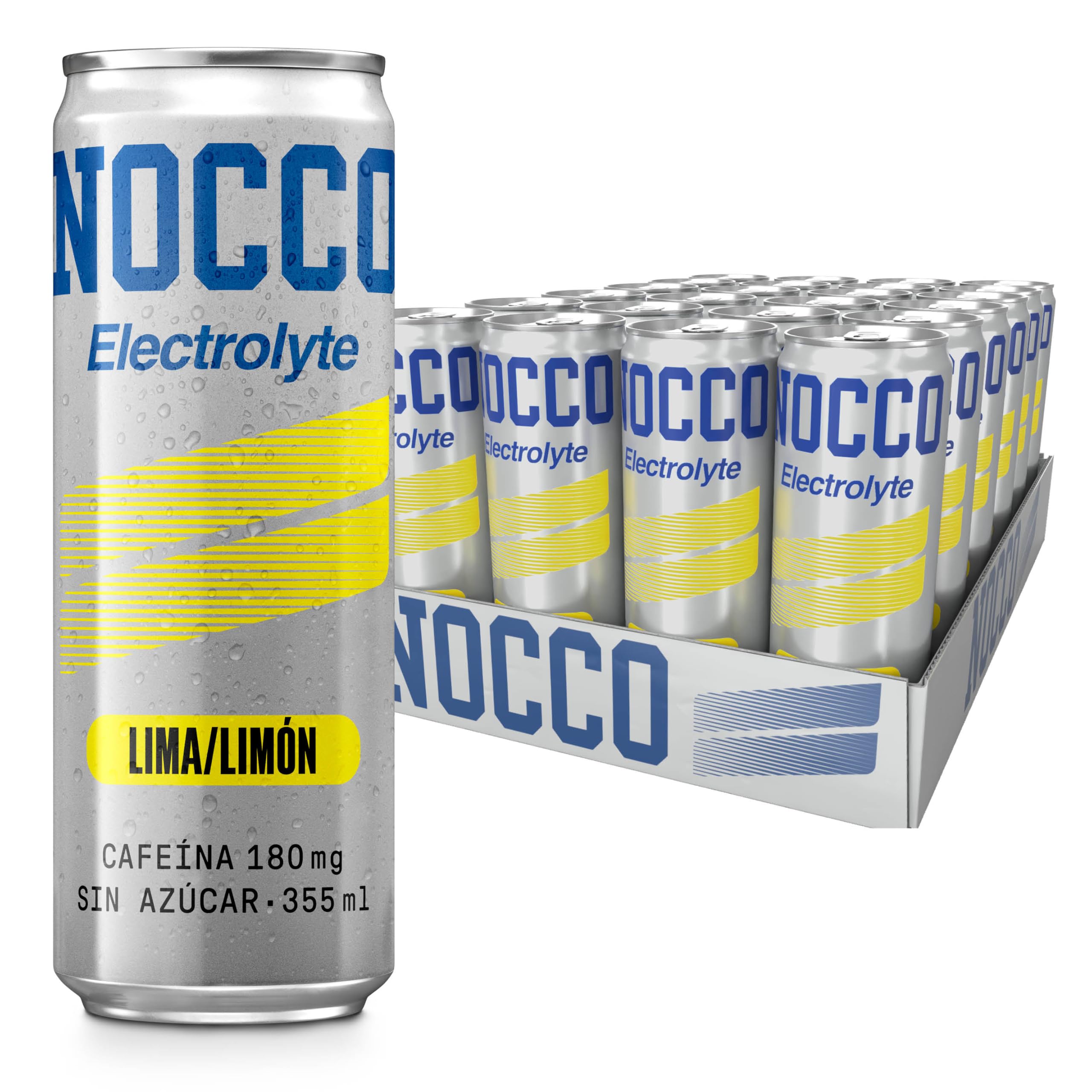 NOCCO Electrolyte Bebida Energética – con Magnesio y Potasio, 180 mg Cafeína, Sin Azúcar, con Vitaminas – 24 x 330 ml (Lemon/Lime)