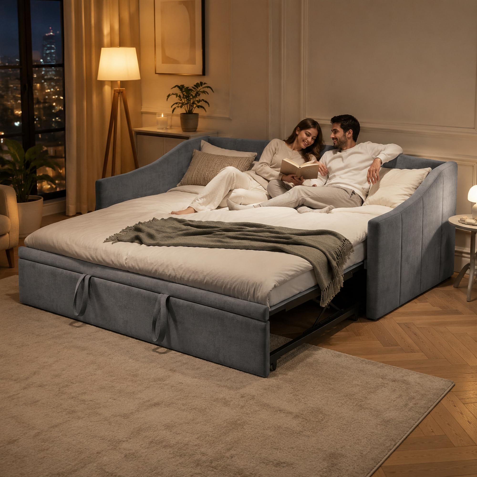 Divano Letto 2 Posti 90/180 x 200 cm, Divano Letto Convertibile, Letto Imbottito con Sommier a Doghe, Divano Letto Estraibile, Rivestimento in Velluto, Grigio (senza Materasso) (Grigio-A)