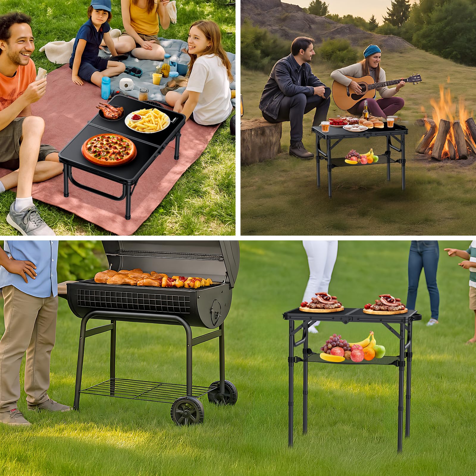 Anbte Campingtisch Klappbar 58x40cm Aluminium Rahmen Picknicktisch 3 Höhen Verstellbar 26/48/67cm MDF-Tischplatte mit Aufbewahrungsnetz Klapptisch für Camping Strand Balkon (Ganz Schwarz)