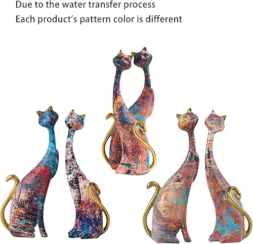 Miniatura 5 de YWNYT 1 par de figuras de gato de resina, escultura de animales coloridos, pintura al óleo, estatuas de gato, estatua de gato sentado para sala de