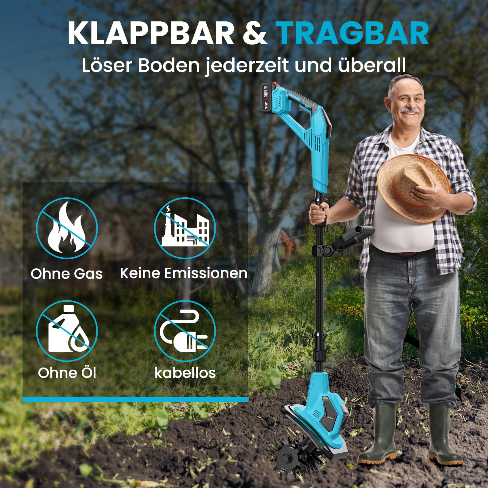 Akku-Bodenhacke für Makita 18V Batterie, 550W Gartenfräse Akkus, 20cm Bodenbearbeitungstiefe,15cm Bearbeitungsbreite, 360RPM, Klappbar Gartenfräse Elektrisch (2 Akku)