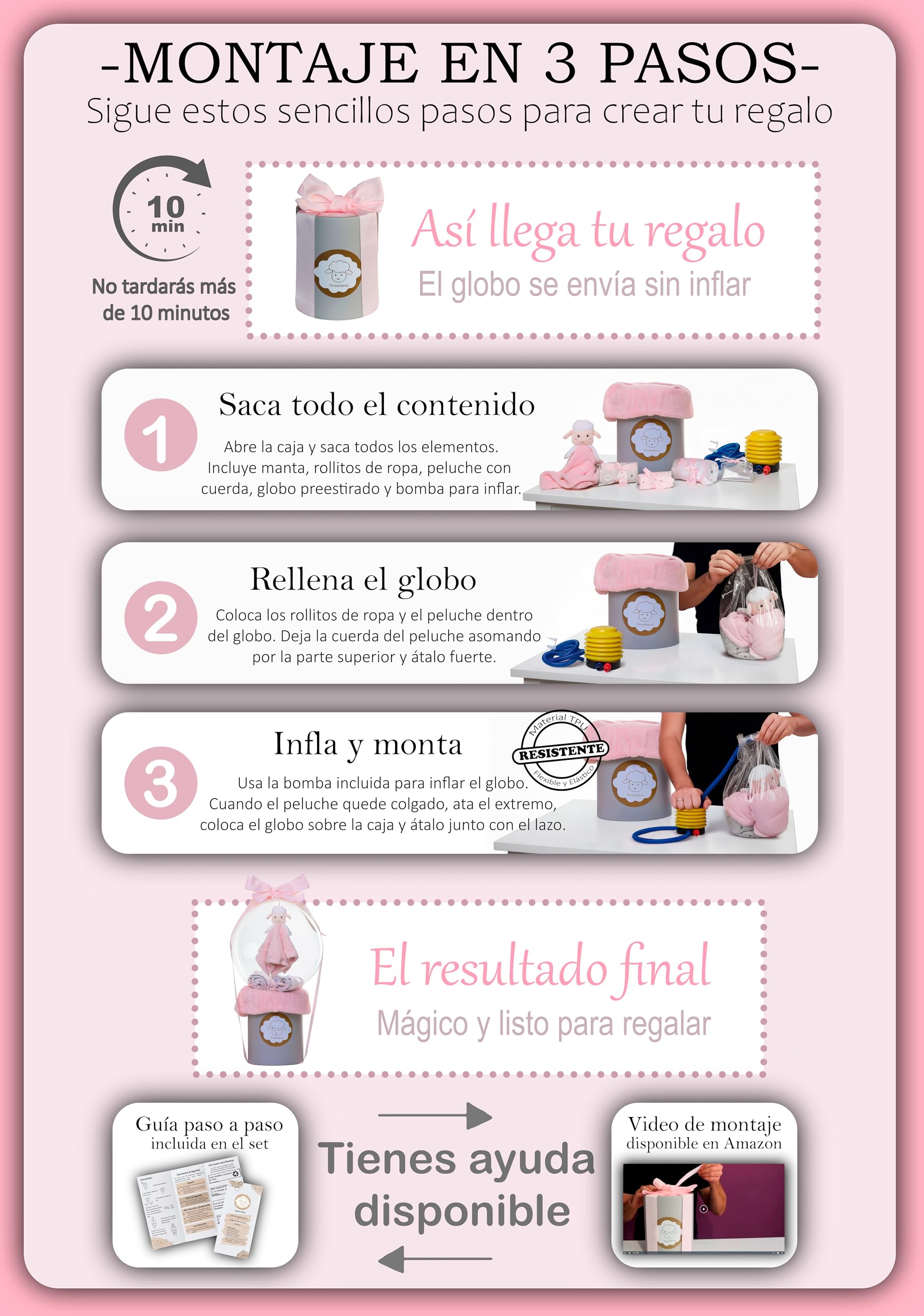 Regalo Bebé Recién Nacida Niña, Canastilla con Globo | Sorprende con un regalo único: prepara tú mismo el globo con la ropita y el peluche y crea una presentación inolvidable.