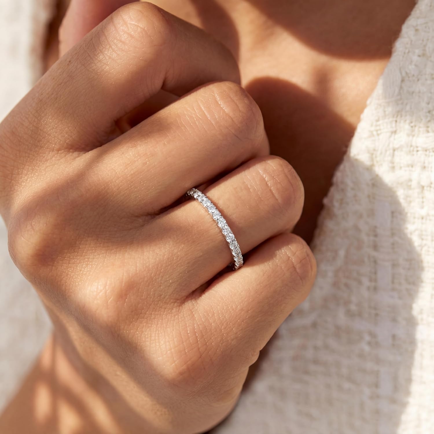 925 Sterling Silver Eternity Band Ring with Cubic Zirconia – 2mm CZ Dainty Stackable Wedding Rings For Women, Birthstone Minimalist Jewelry For Women, Mom Christmas Gifts - Gold or Polished