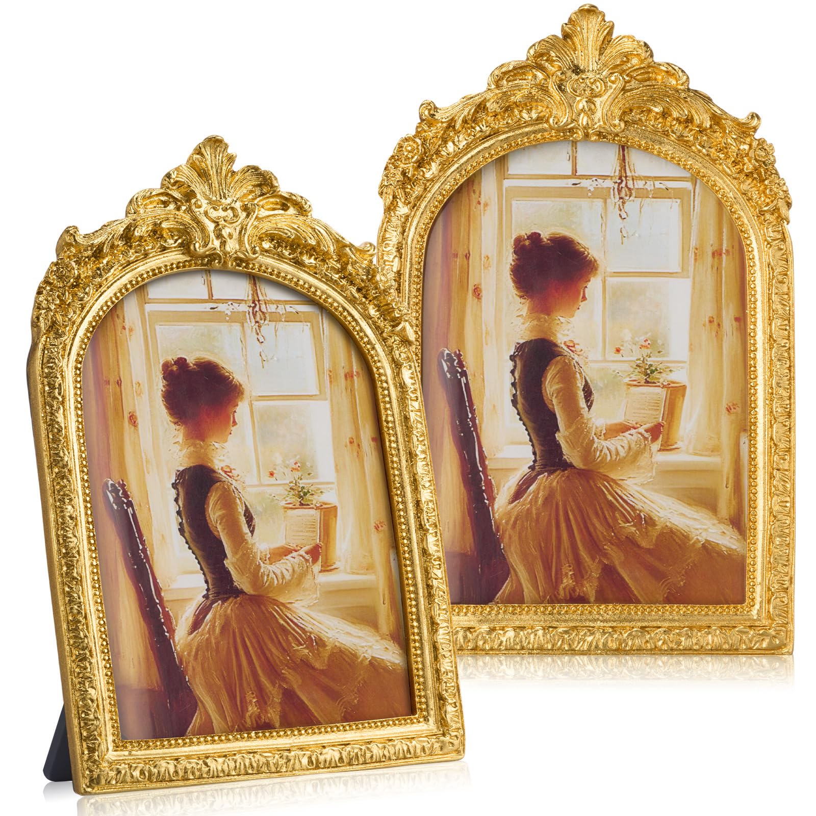 2 Pcs Vintage Gold Frames 5x7 Gold Frames with Glass Floral Relic Hand Crafted Resin Antique for Tabletop Display, Retro Design Home Decor (Novel)