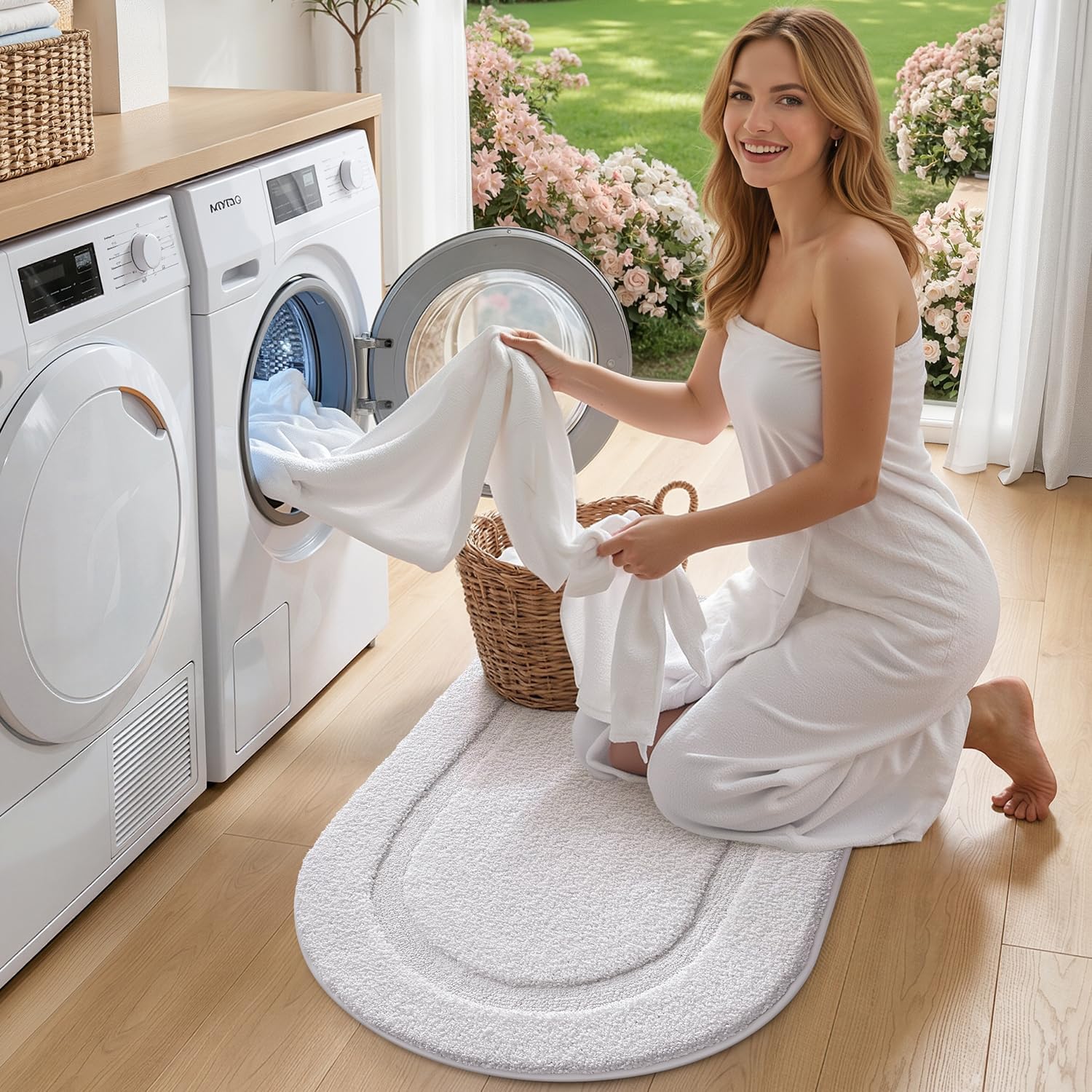 LUMI Bath Mat Oval Bathroom Rug, 20"x32" Non Slip Washable Bathroom Mats, Premium Water Absorbent Shower Rug for Accessories Decor, White