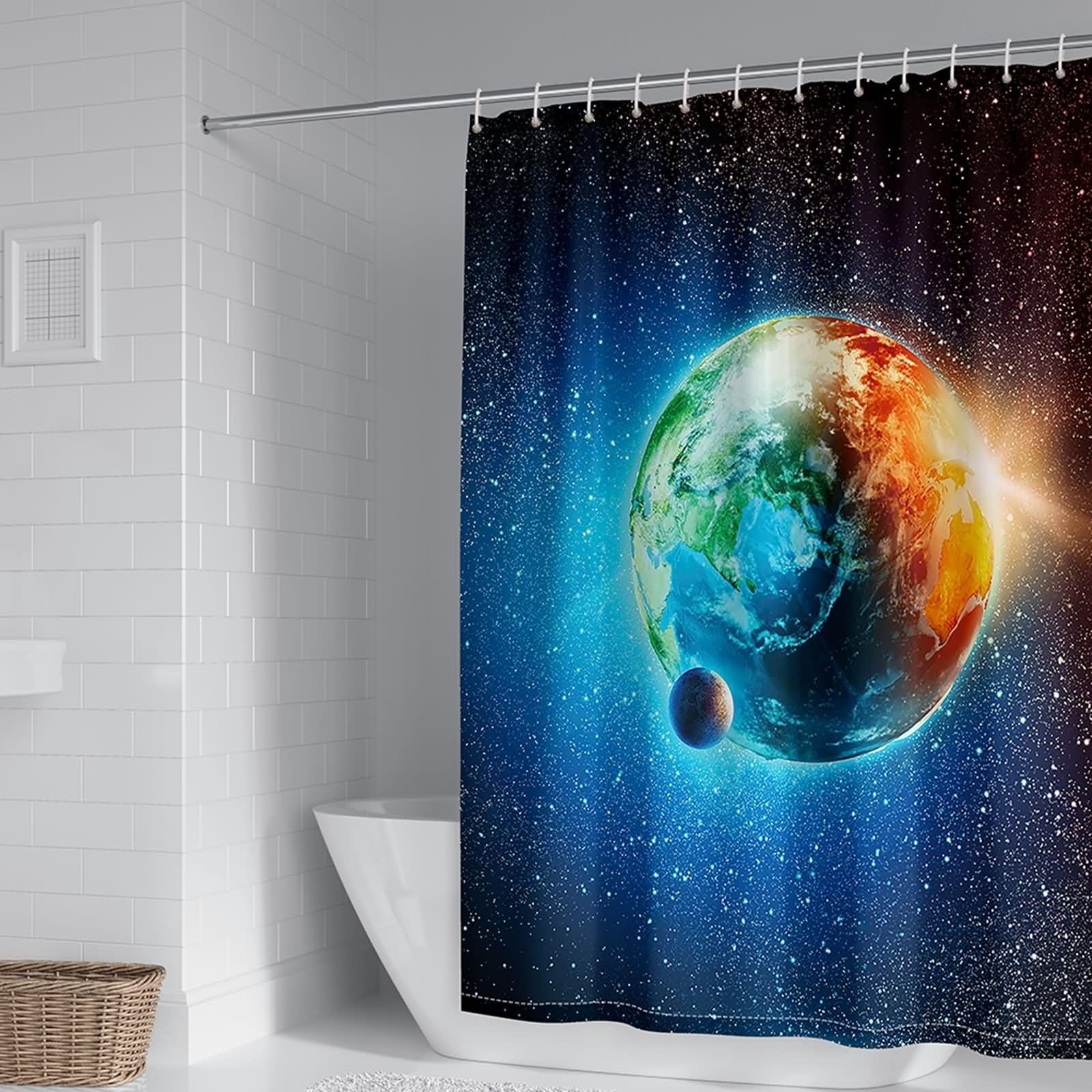 Rideau de douche grand format KnSam en tissu noble motif terre de l'espace