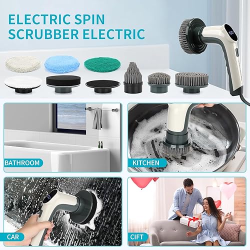 Miniatura 7 de Limpiador giratorio eléctrico con pantalla LED, 8 cabezales de cepillo reemplazables, 2 velocidades, cepillo de limpieza multifuncional eléctrico de