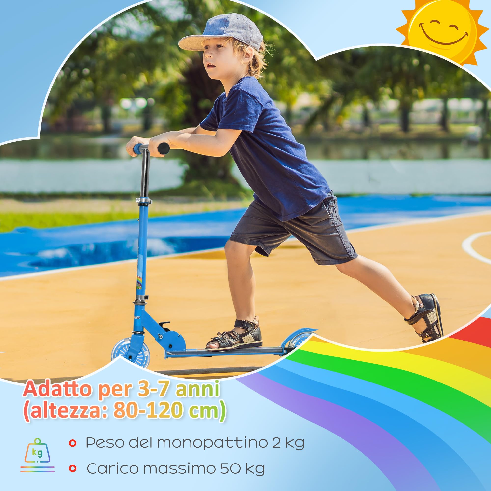 HOMCOM Monopattino per Bambini 3-7 Anni Pieghevole, Monopattino 2 Ruote, Altezza Regolabile, Scooter per Bambina con Luci LED, Musica e Ponte Antiscivolo, 67x32x65/70/75/78 cm, Portata 50Kg