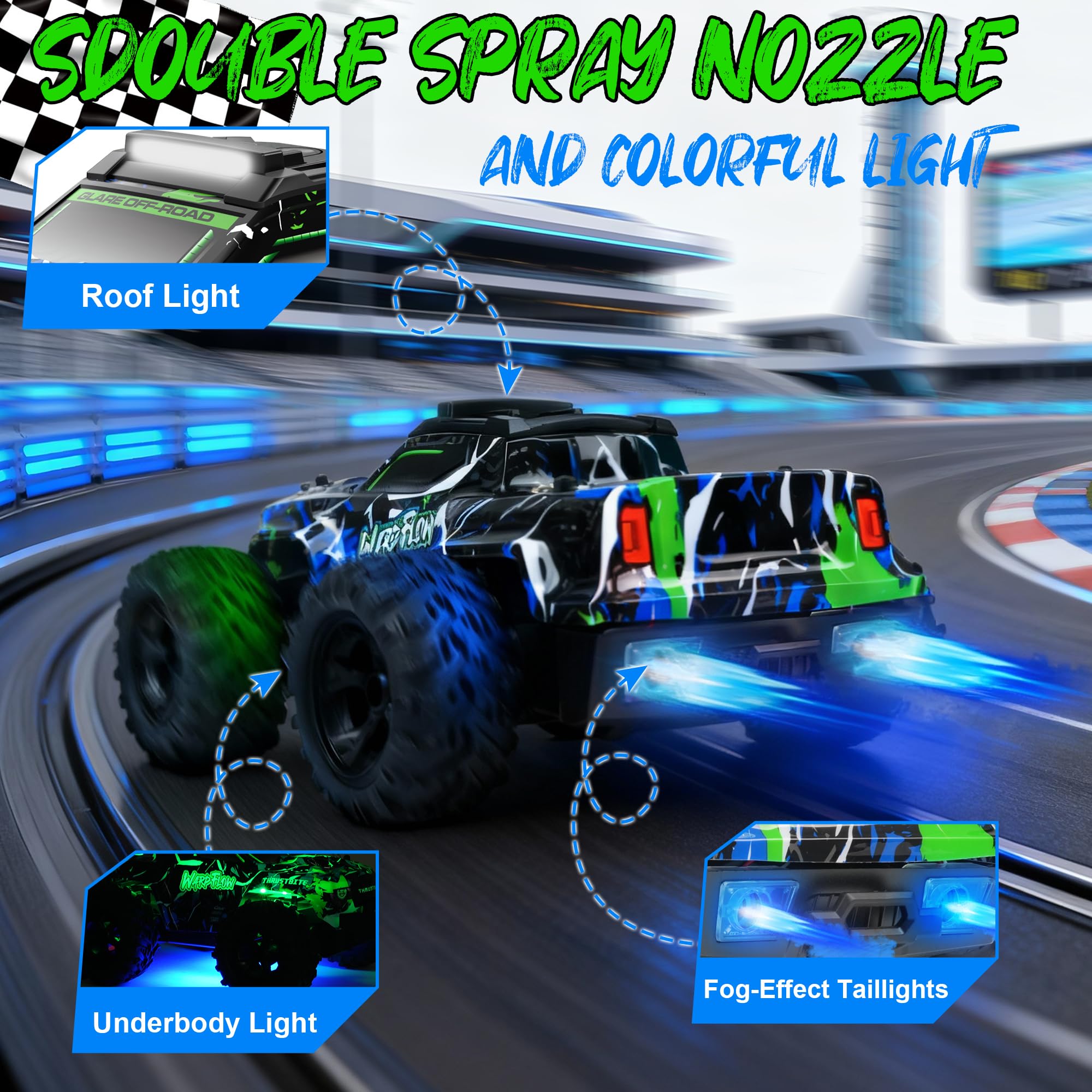 BAZADER Coche Teledirigido Coche RC - 1:18 Coches teledirigidos con Luces Led, 25 Km/H Remote Control Car con Pulverizador 2,4 GHz Todoterreno 2 Baterías Recargables 60min Play, para NiñOs Y Adultos
