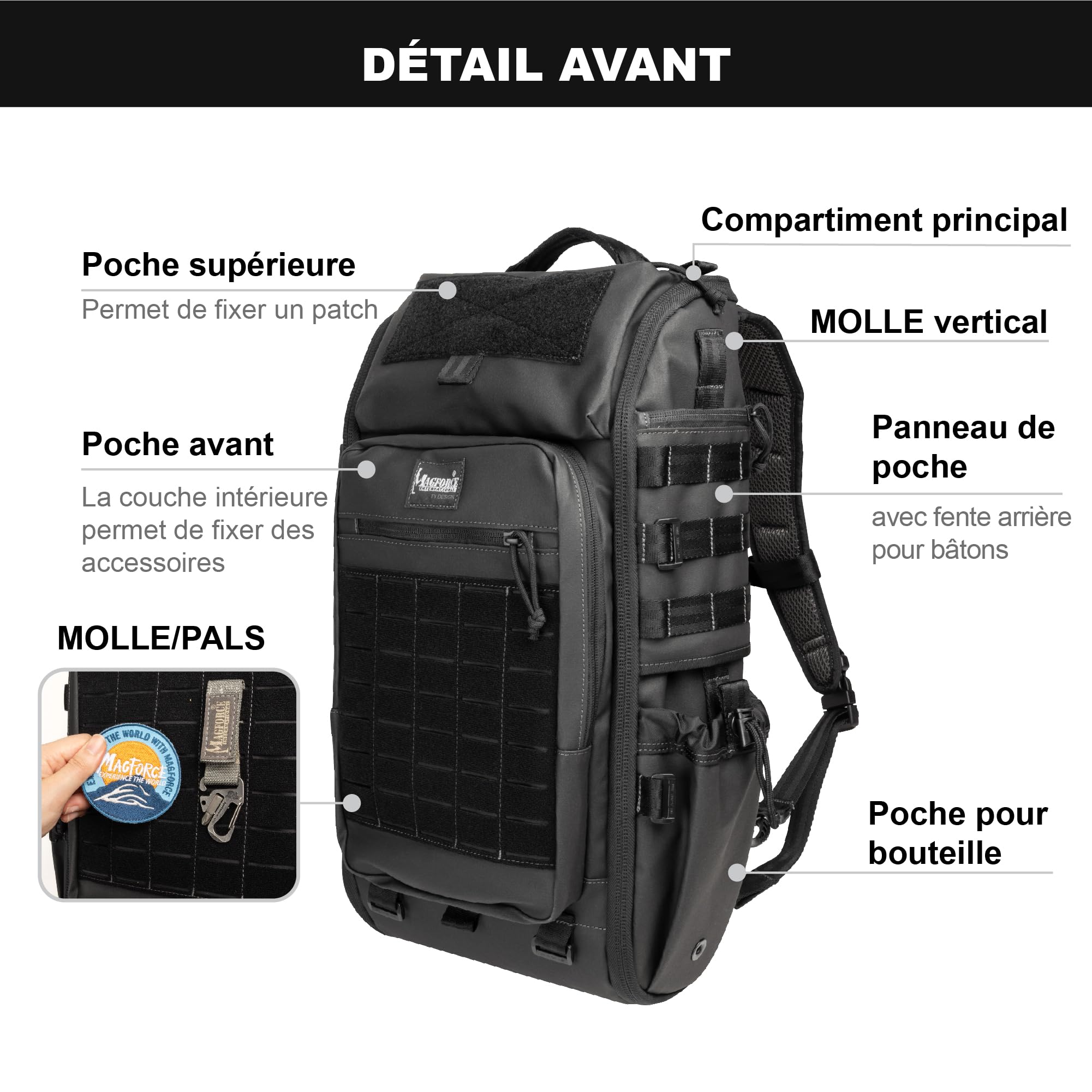Magforce Raider Sac à Dos Tactique Militaire Molle Nylon balistique Grande capacité léger Compressible Multi-Poches extérieur Ordinateur Portable Noir Mat