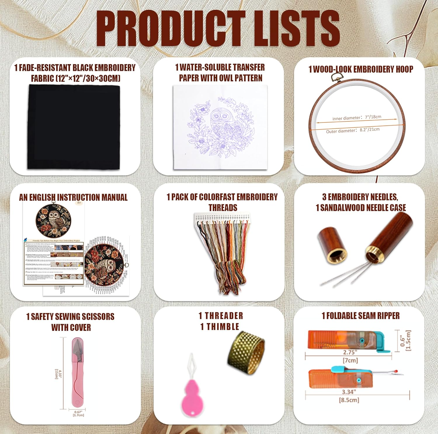 GOLDEN SMILE Embroidery Kit for Beginners Adults - 2-in-1 Frame & Display Hoop (8.2"/21cm), Water-Soluble Pattern, Full Reusable Tools for Easy Start | Owl Floral Art