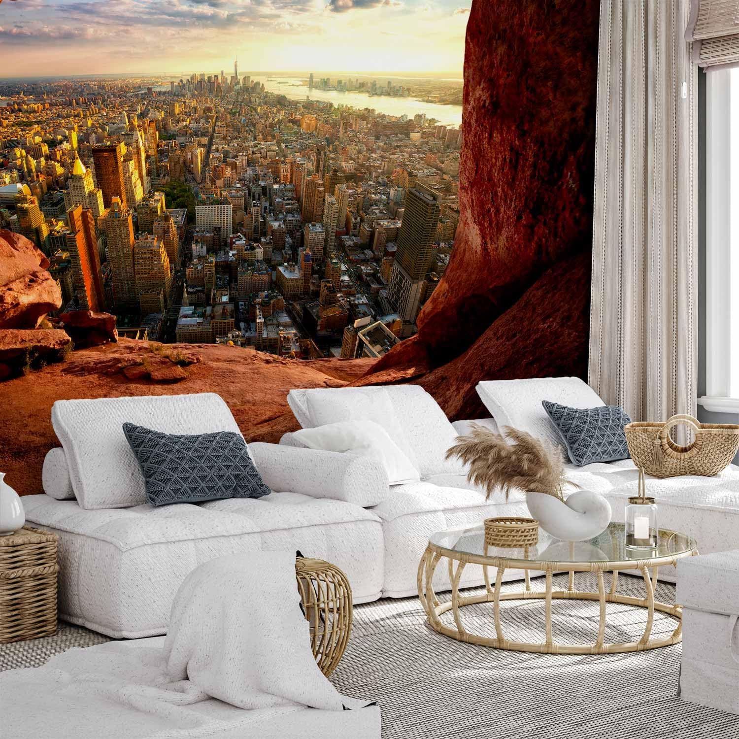 artgeist Wall Mural New York 135x101 in - Peel and Stick Self-Adhesive Wallpaper Removable Large Sticker Foil Wall Decor Print Picture Image Design Cave Rocks View Landscape d-C-0061-a-a