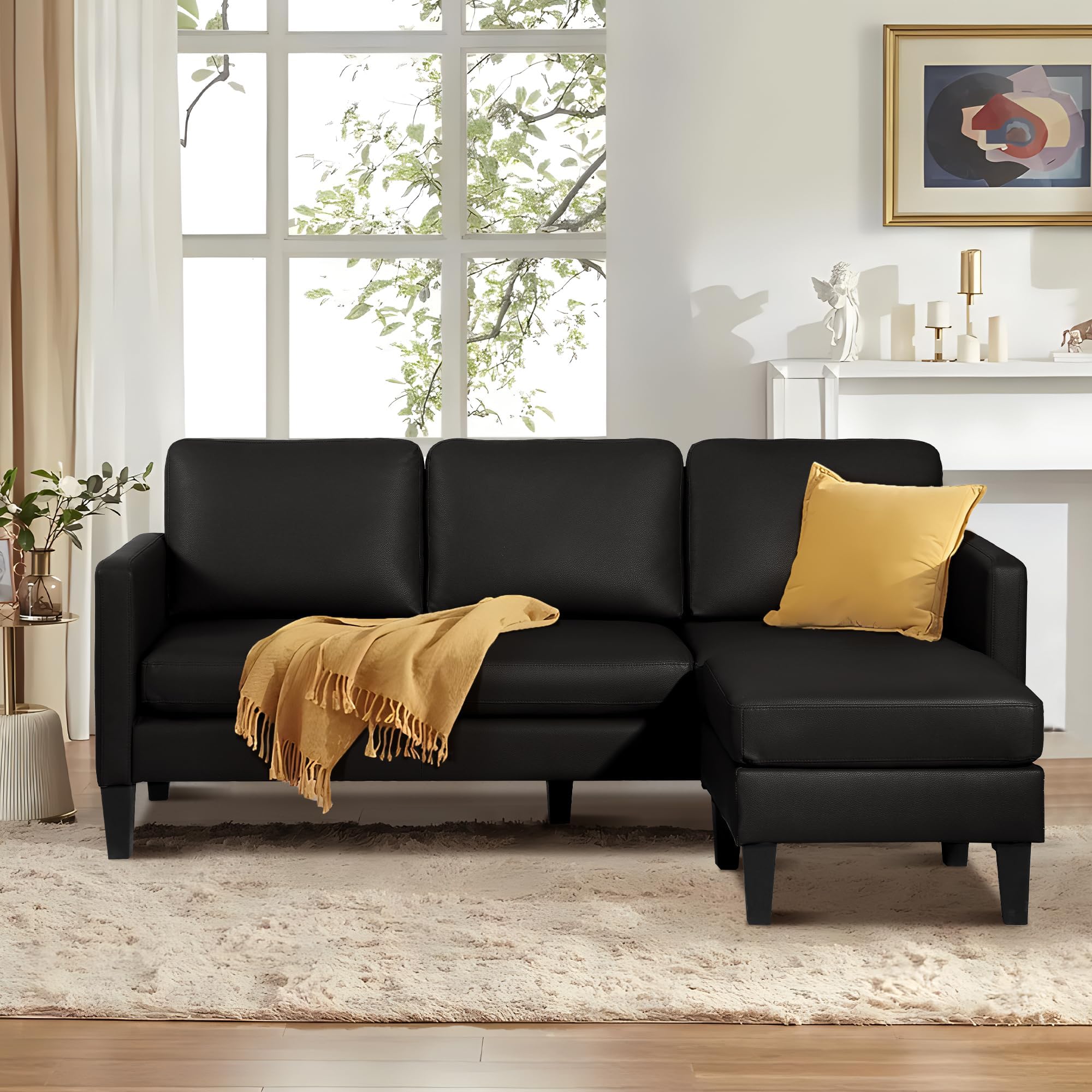 Convertible Sectional Sofa Couch for Living Room, L-Shaped Couch 3 Seats Sofas, Movable Ottoman Small Sofa Mid Century for Small Apartments, Living Room and Office (Faux Leather, Black)