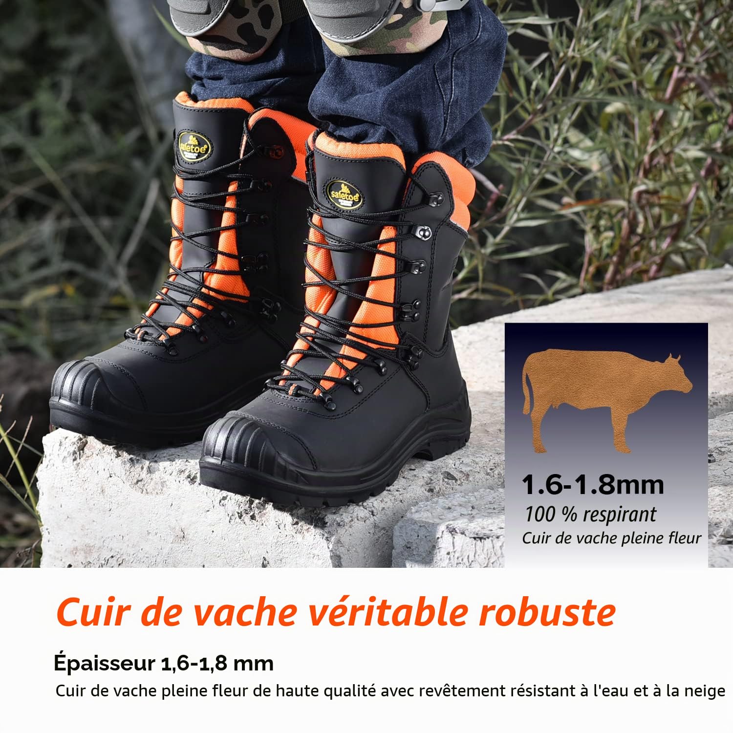 SAFETOE Bottes de protection de sécurité pour tronçonneuse Classe 1 avec bout en acier véritable de vache robuste Cuir à mémoire de forme Semelle intérieure en mousse à mémoire de forme Coupe sur bois