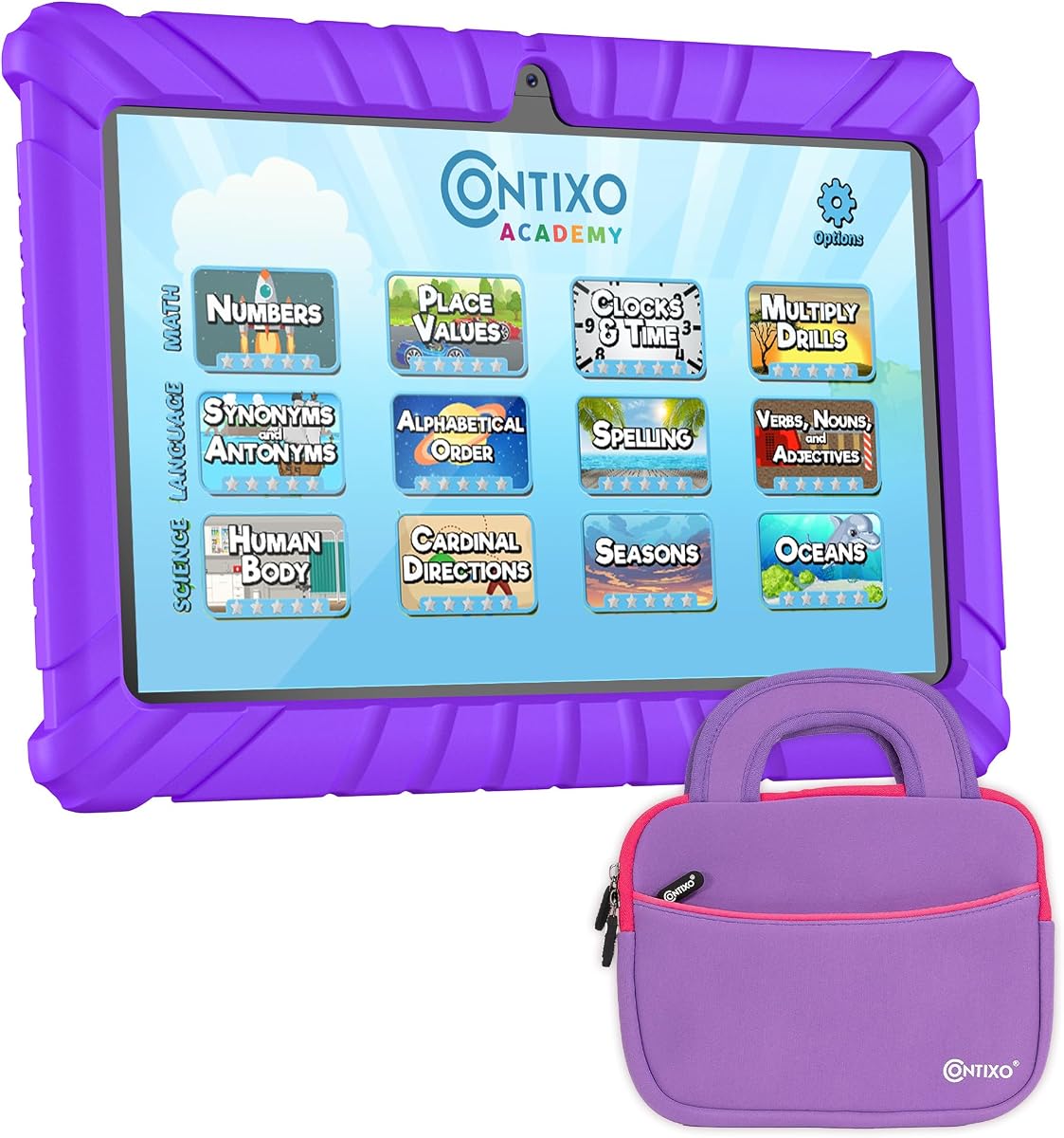 Contixo 7 inch Kids Tablet - V8 Tablet for Kids and Sleeve Bag Bundle, Age 3-7, Learning Tablet for Children with Teacher's Approved Apps, 32GB, Android 11, Parental Controls - Purple (Girls)