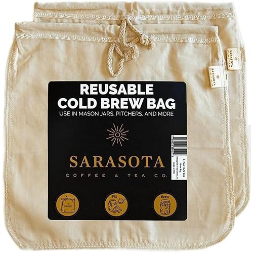Paquete de 2, bolsa de filtro de café frío grande de 12 x 12 pulgadas para tarro de masón, reutilizable, tela de algodón 100% orgánico con cordones,