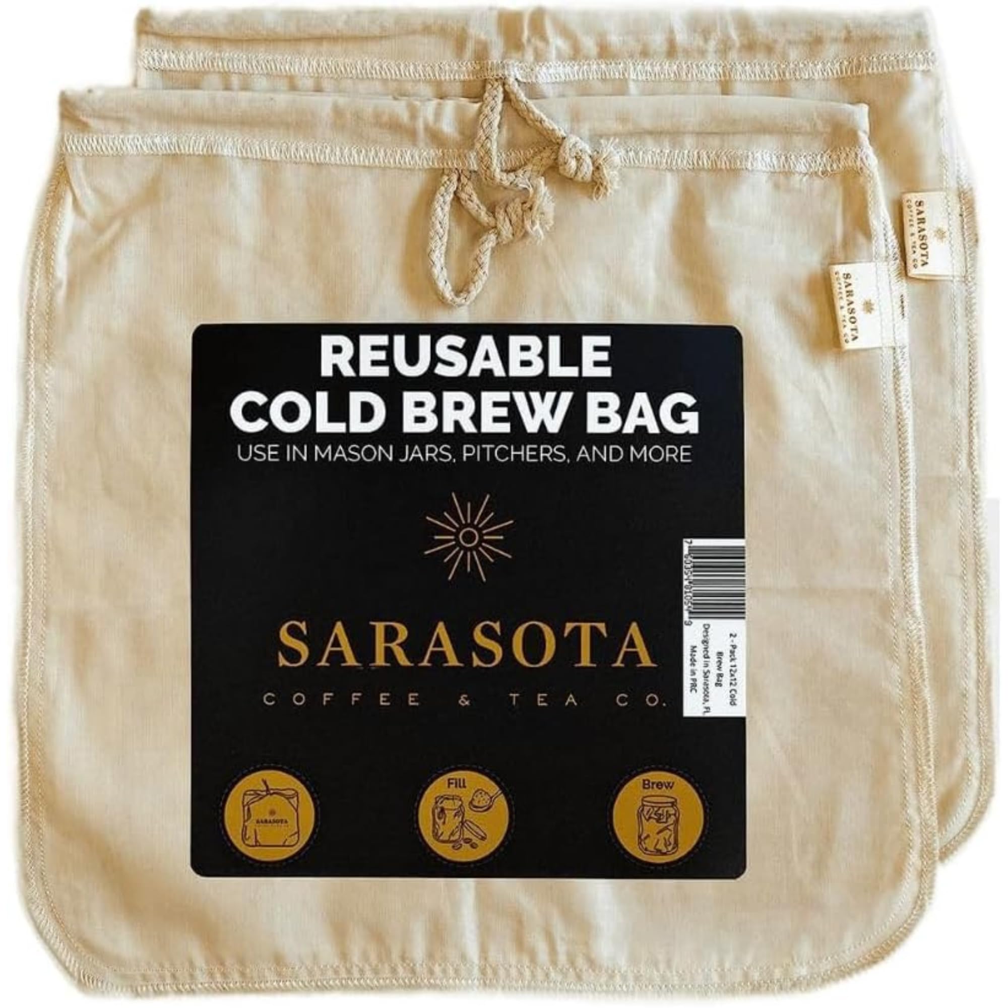 SARASOTA COFFEE - Bolsa de filtro de infusión fría, diseñada en Florida, filtro de café reutilizable con cordón EasyOpen para jarra, tarros Mason y sistemas Toddy (grande, 12 x 12 pulgadas)