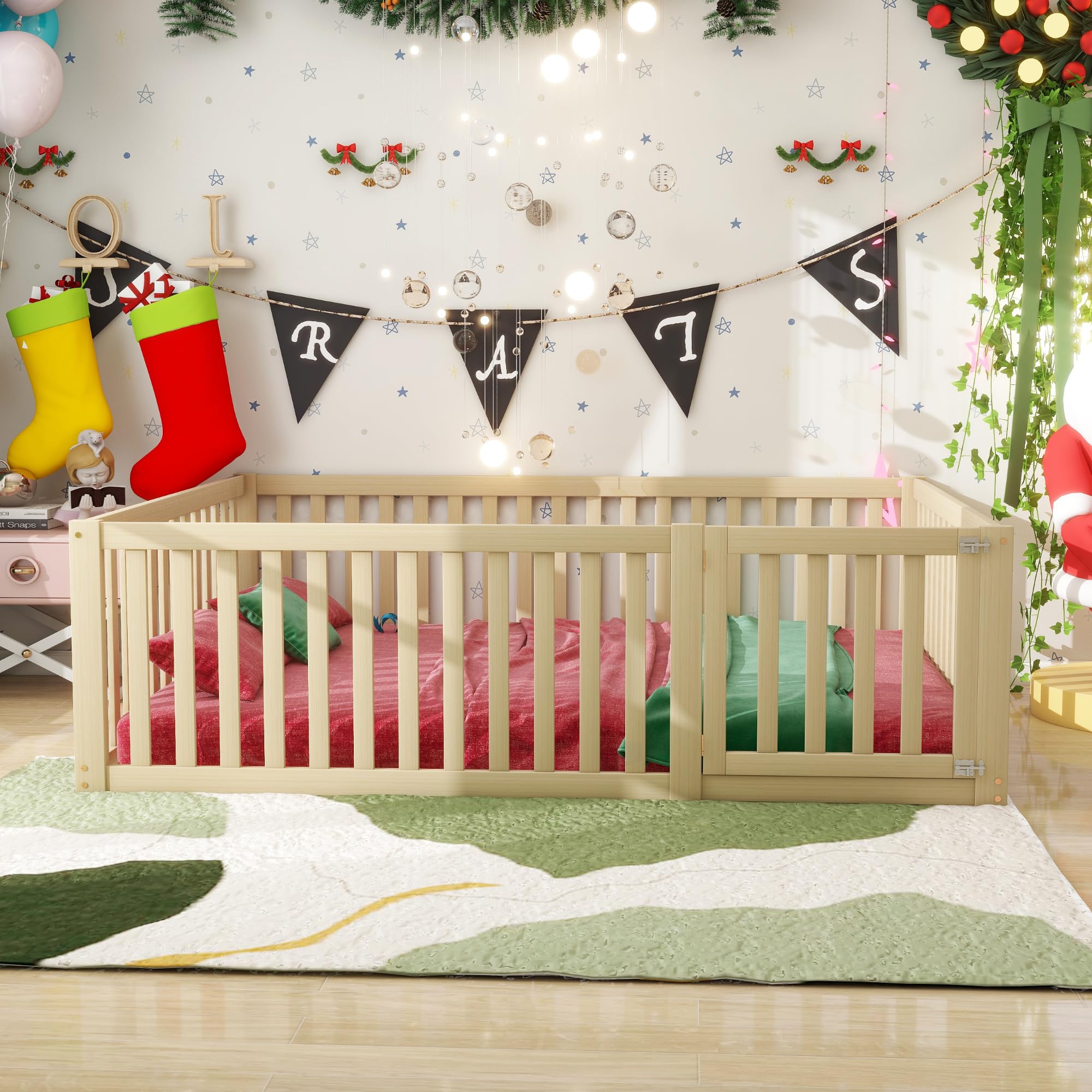 Zepneiy Lit Enfant 140 x 200 cm, Cadre de lit au Sol en Bois Massif, lit Enfant avec clôture et Porte, Coloris Naturel