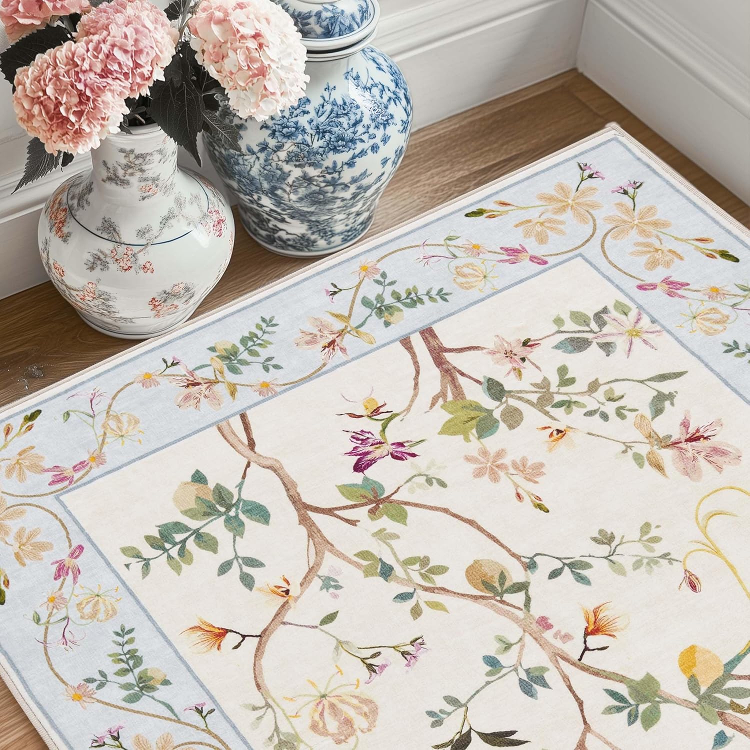 jinchan Floraison 8x10 Area Rug Floral Washable Carpet Indoor Non Slip Soft Netural Chinoiserie Large Low Pile Boho Design Rug for Living Room Bedroom Dining Room Beige/Blue