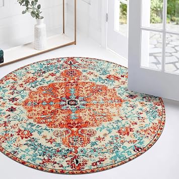Lahome Reine Bohemian Floral Medallion Round Rug - 3Ft Oriental Distressed Small Round Area Rug Vintage Washable Entryway Foyer Mat Non-Slip Non-Shedding Low-Pile Sofa Bathroom Carpet, Orange/Multi