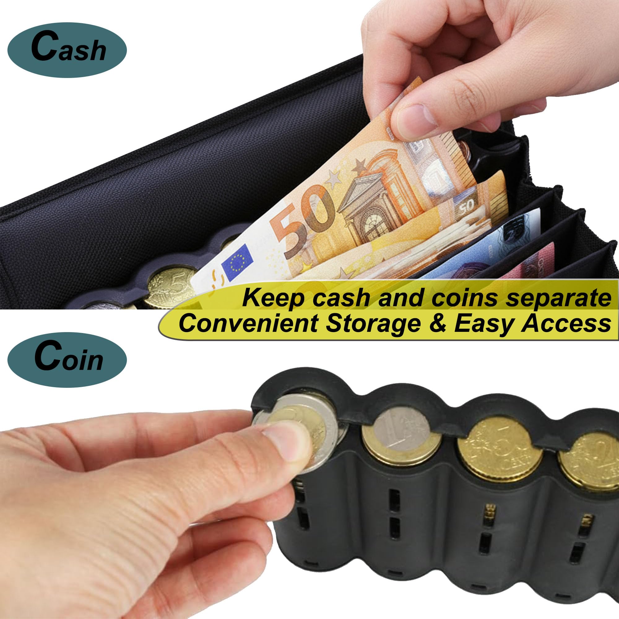Sac banane de serveur avec trieur de pièces en euros à 8 tubes, sac ceinture à rabat et ceinture réglable pour chauffeurs de bus/livreurs/taxi, professionnels du transport, restauration et commerciaux