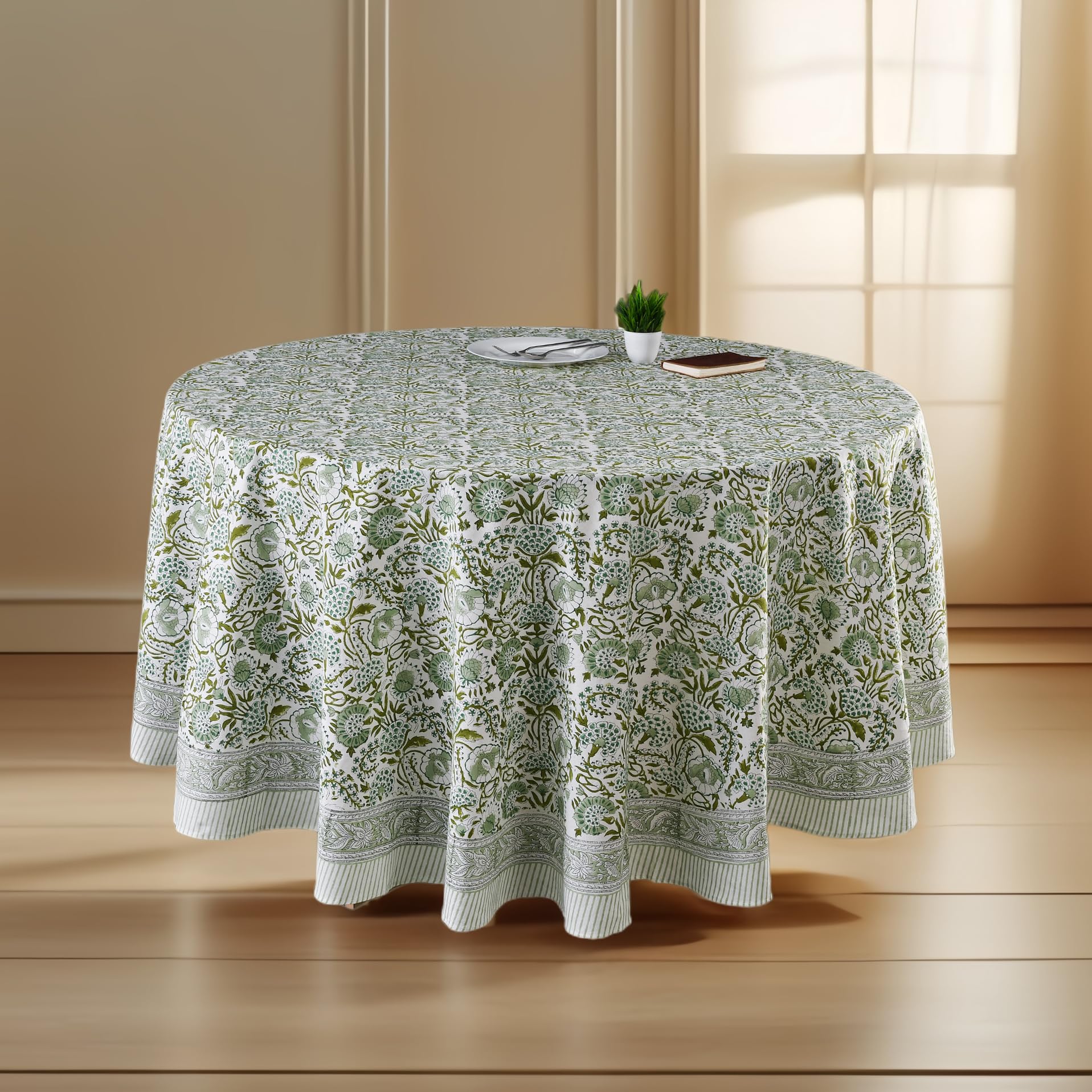 CPC Round Tablecloth- Cotton Indian Block Print Tablecloth -Handmade Printed Washable Cotton Table Cloth - Spring/Summer, Weding Table Cover - Agate Green 110 Inch
