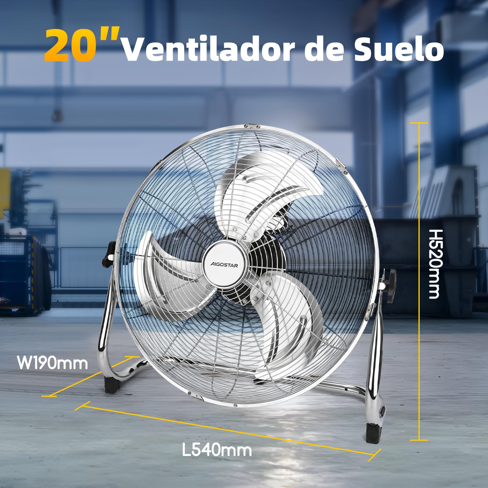 Aigostar Ventilador Industrial 100W, Diámetro 50 cm (20"), Motor de Cobre, Ventilador suelo, 3 Velocidades, Ajustable 120º, 3 Aspas Metálicas, Ventilador Potente, Clover
