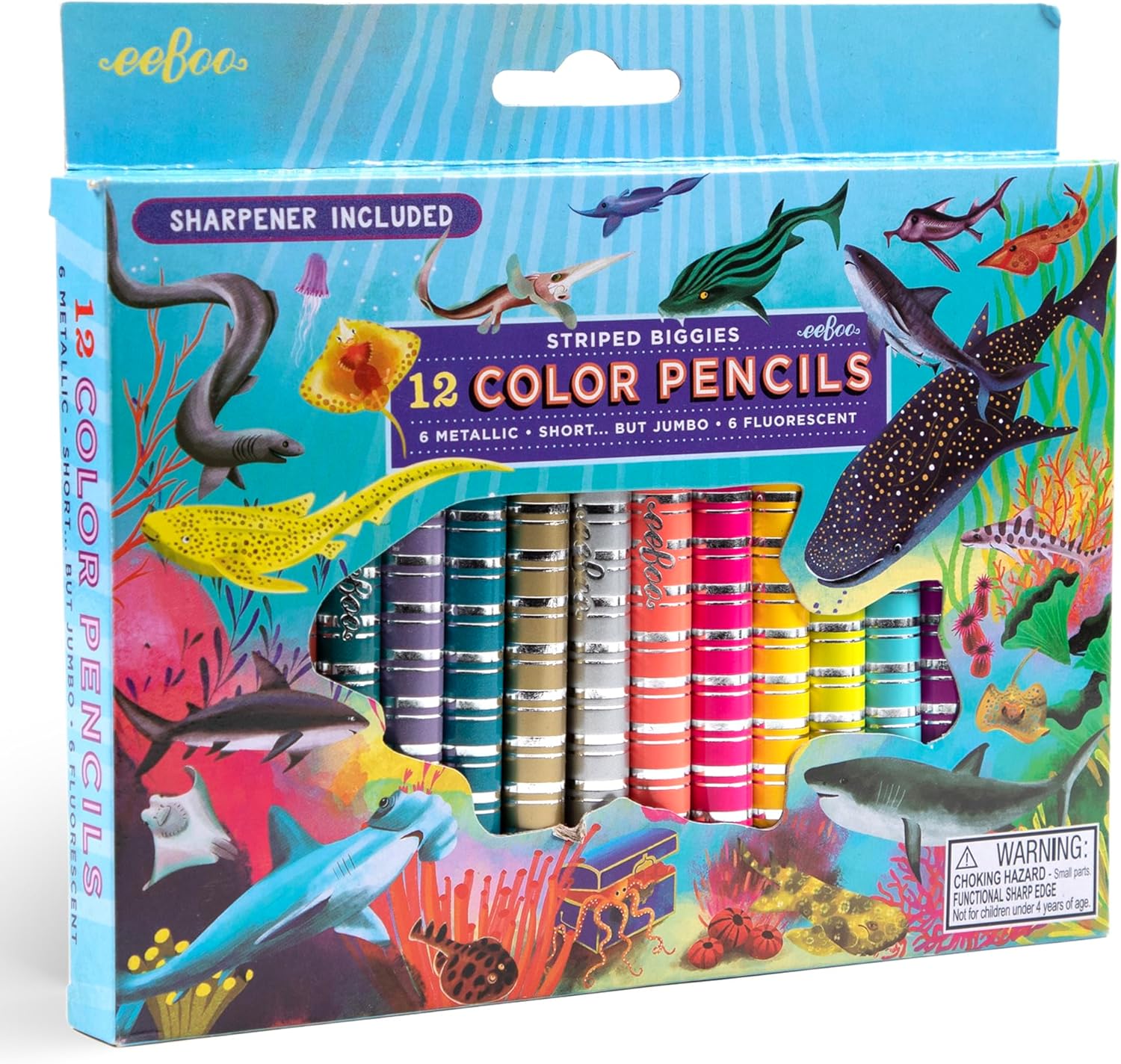 eeBoo: Striped Biggies 12 Color Pencils: Magical Creatures - 12pc Set w/ 6 Fluorescent & 6 Metallic Colors, Includes Sharpener, Art Supplies, Kids Ages 4+