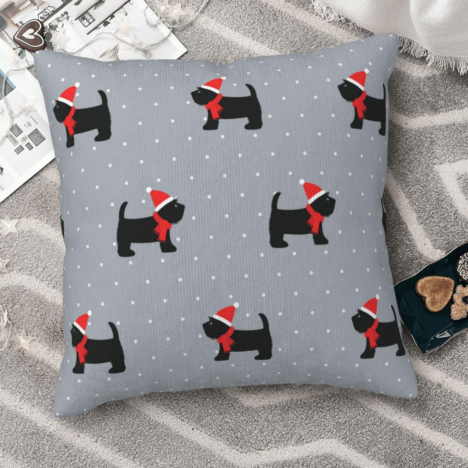 Housses de coussin velours côtelé imprimé chien décoration maison Noël 40x40 cm