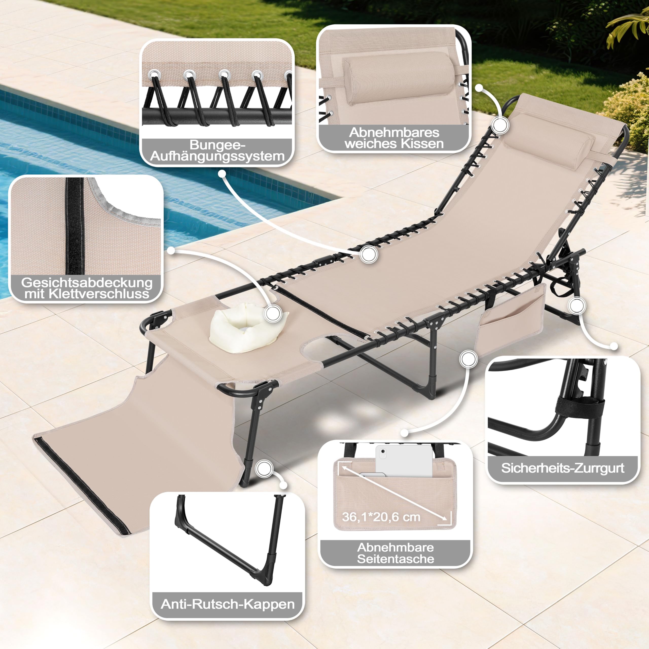 Avestar Sonnenliege Klappbar, Tragbare Gartenliege, 5-Fach Verstellbarer Liegestuhl inkl. Seitentasche, Kopfkissen und Gesichtsausschnitt, für Garten, Balkon, Terrasse, Strand und Camping, Taupe
